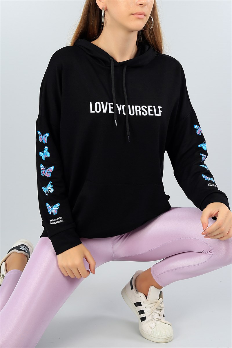 Kelebek Tasarımlı Likralı Siyah Sweat 41327