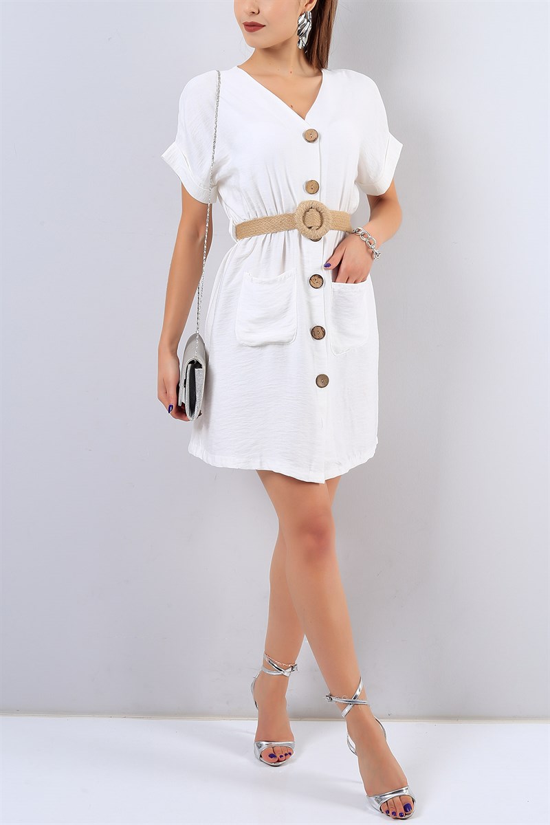 Kemerli Beyaz Elbise 16559B
