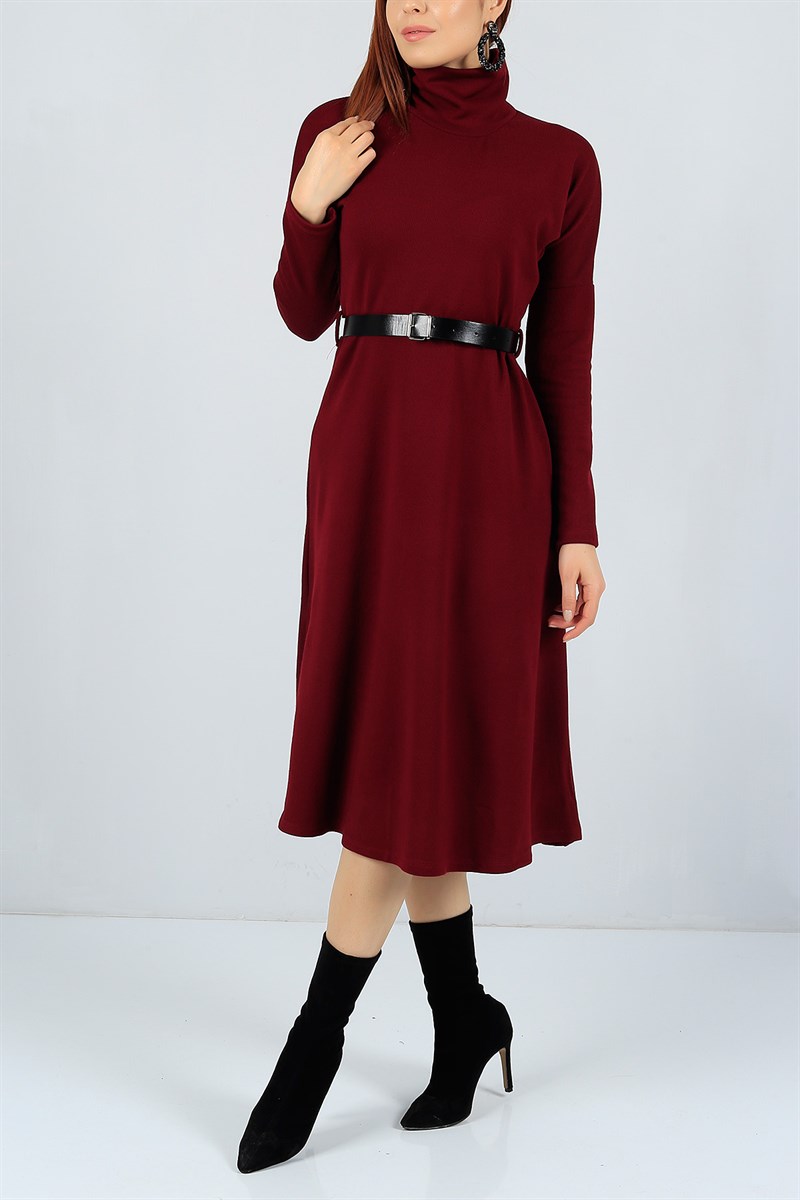 Kemerli Bordo Bayan Triko Elbise 22934B