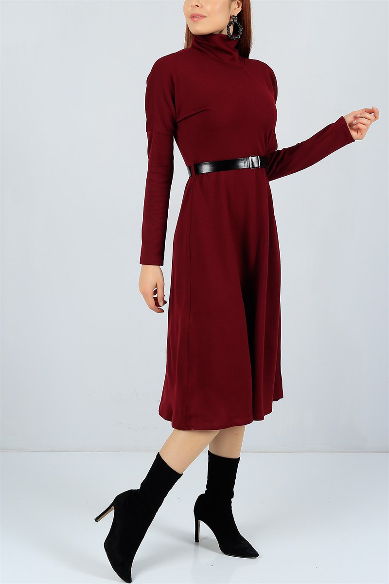 Kemerli Bordo Bayan Triko Elbise 22934B