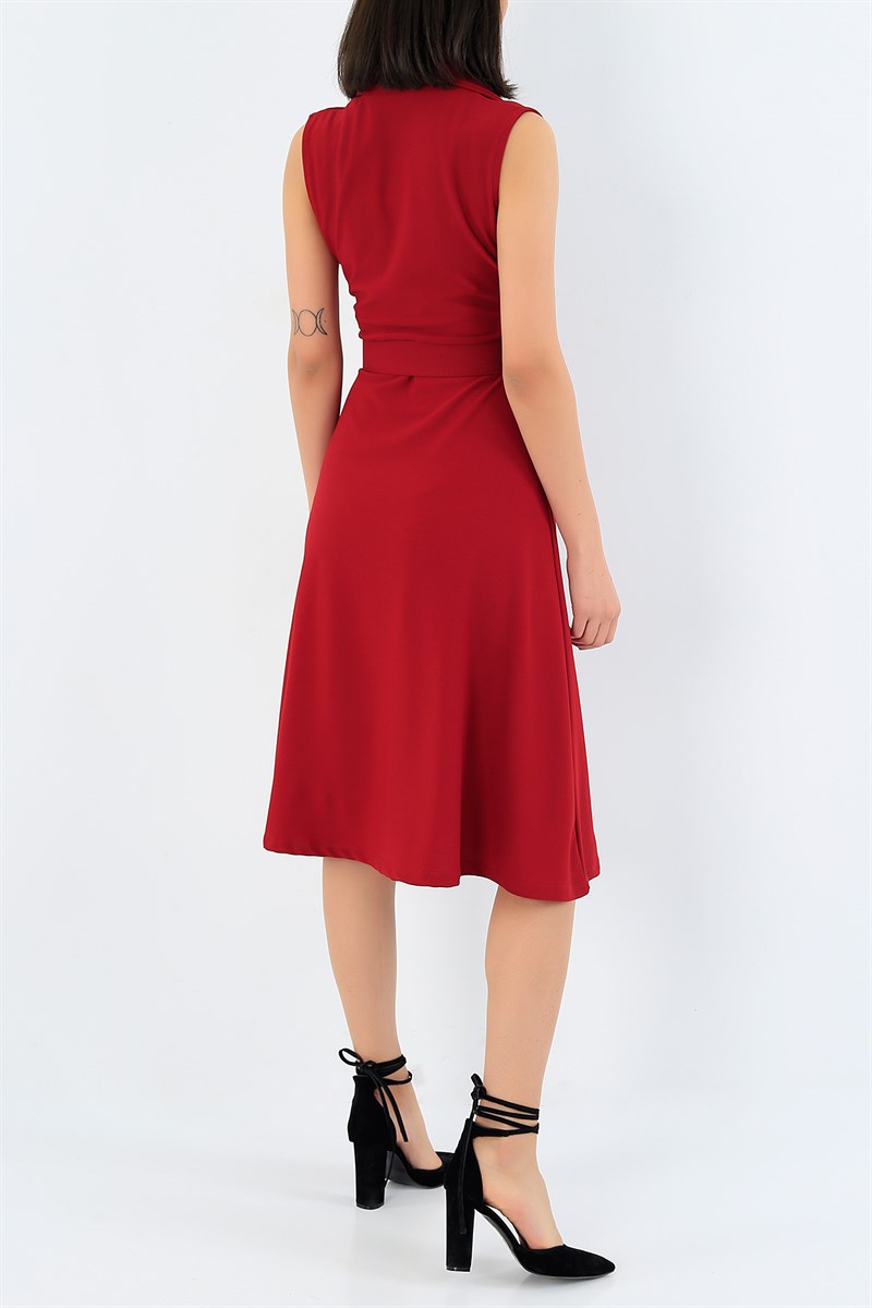 Kemerli Bordo Kruvaze Yaka Elbise 32636