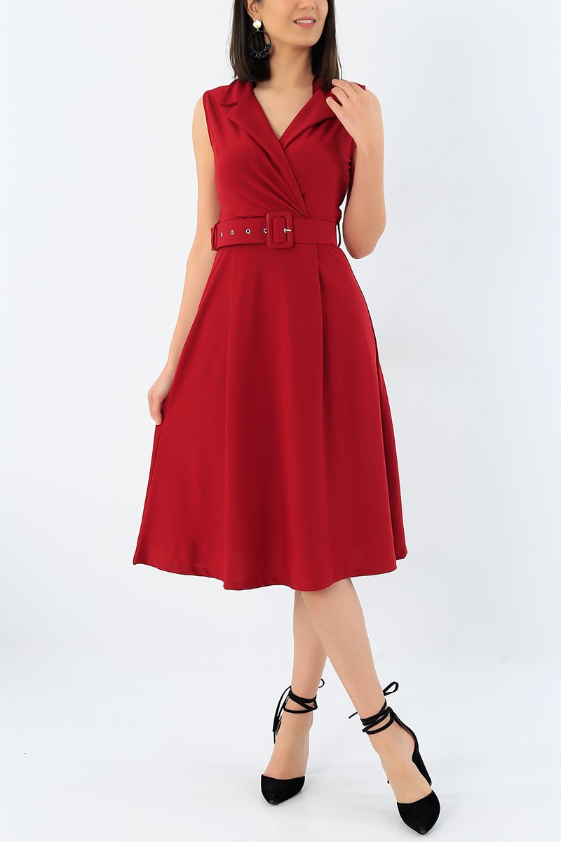 Kemerli Bordo Kruvaze Yaka Elbise 32636