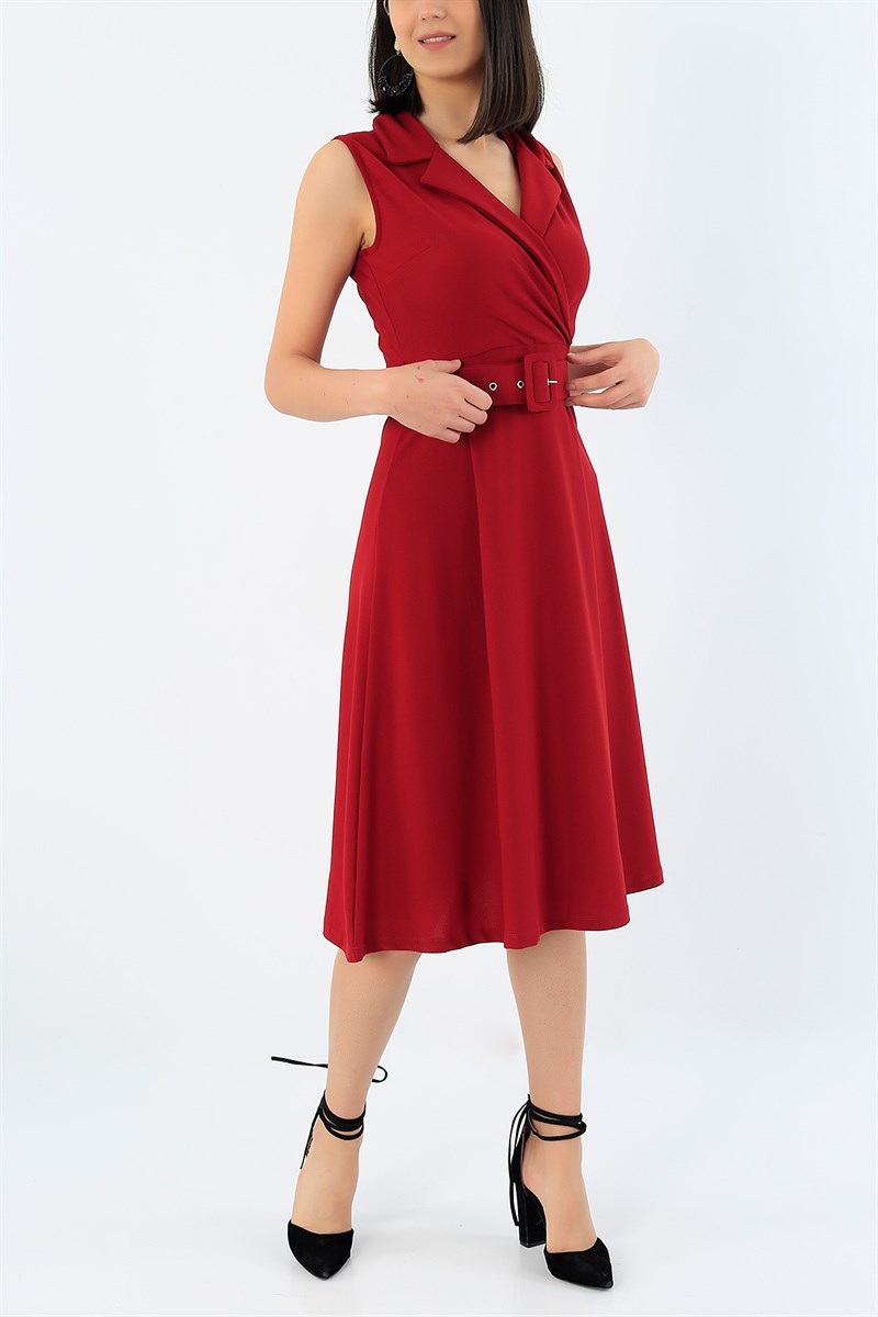Kemerli Bordo Kruvaze Yaka Elbise 32636