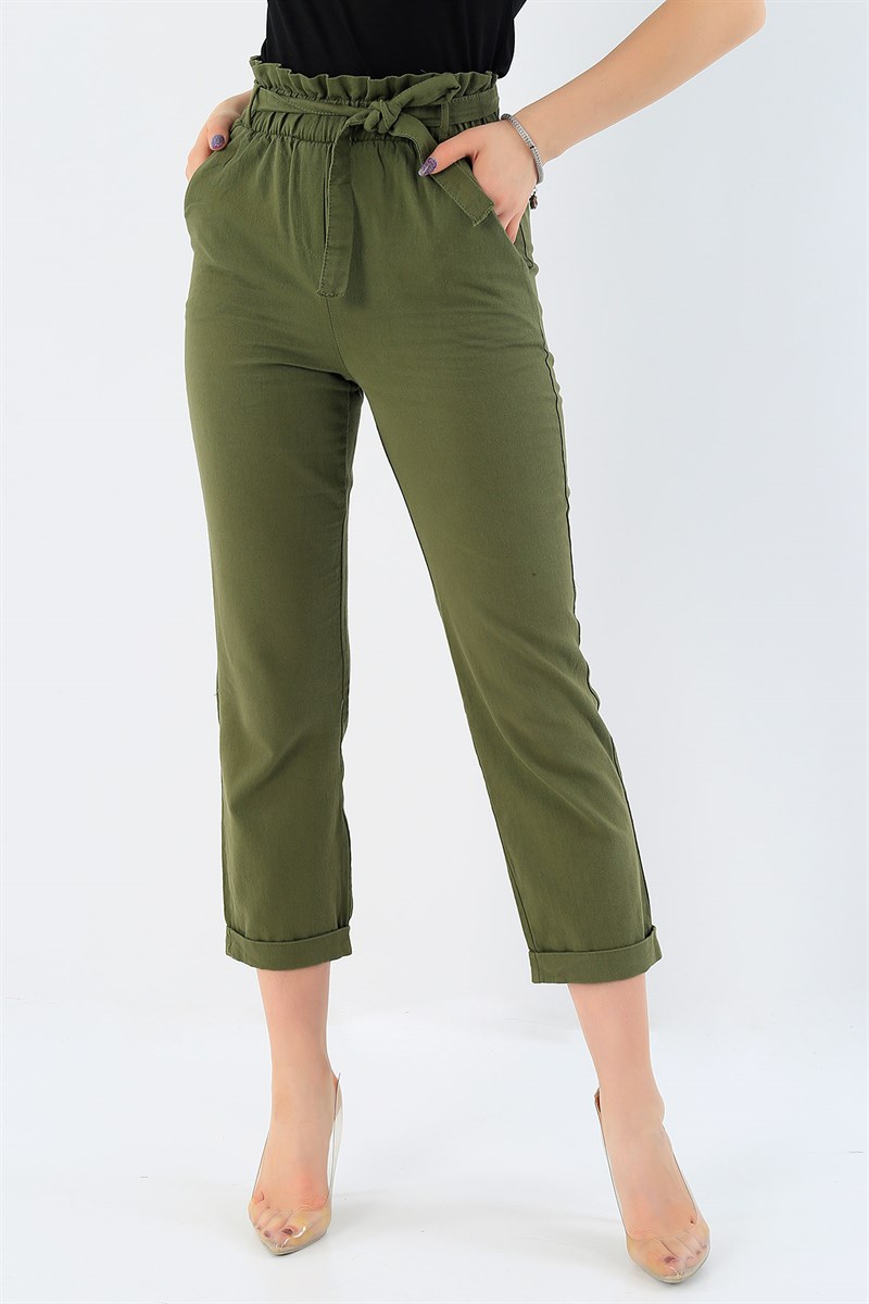 Kemerli Haki Bayan Gabardin Pantolon 28806B