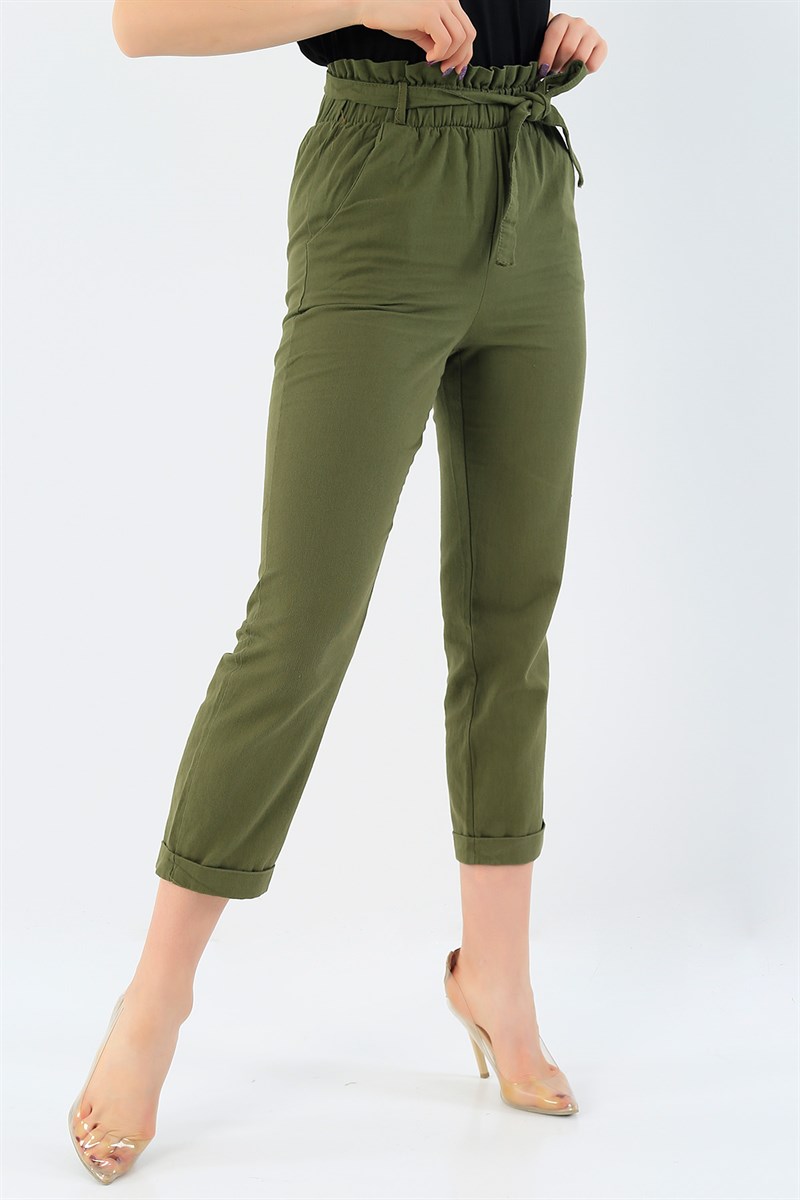 Kemerli Haki Bayan Gabardin Pantolon 28806B
