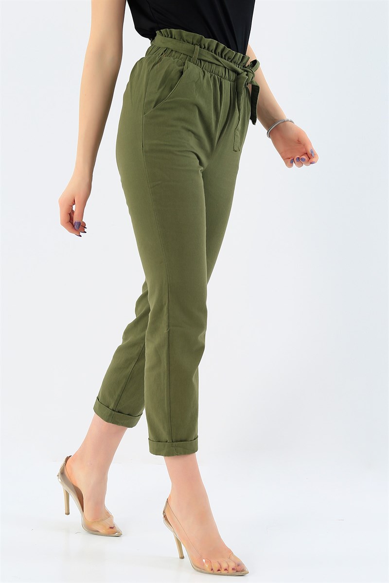 Kemerli Haki Bayan Gabardin Pantolon 28806B