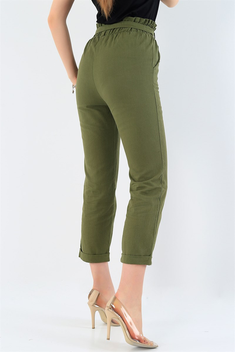 Kemerli Haki Bayan Gabardin Pantolon 28806B
