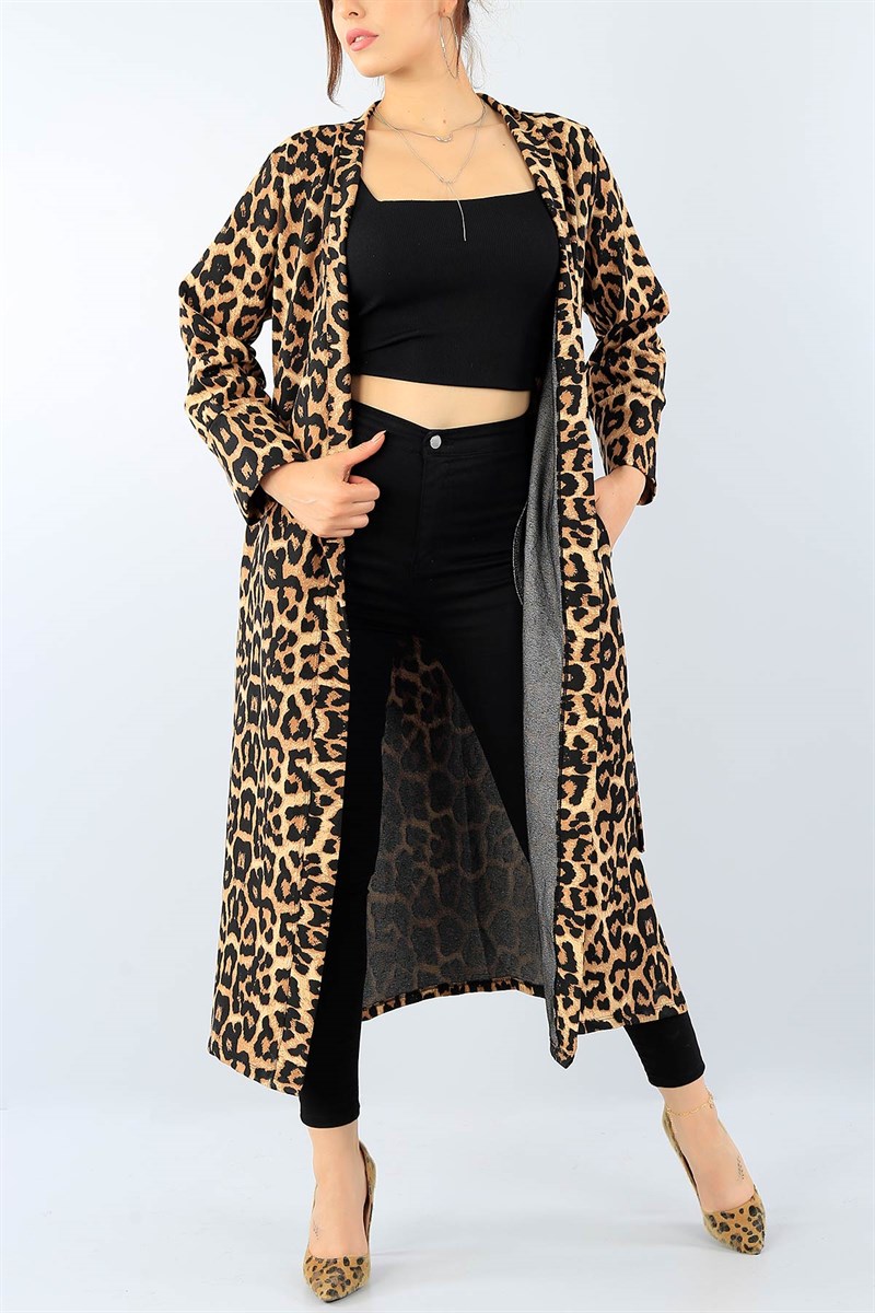 Kemerli Leopar Desen Bayan Ceket 38513