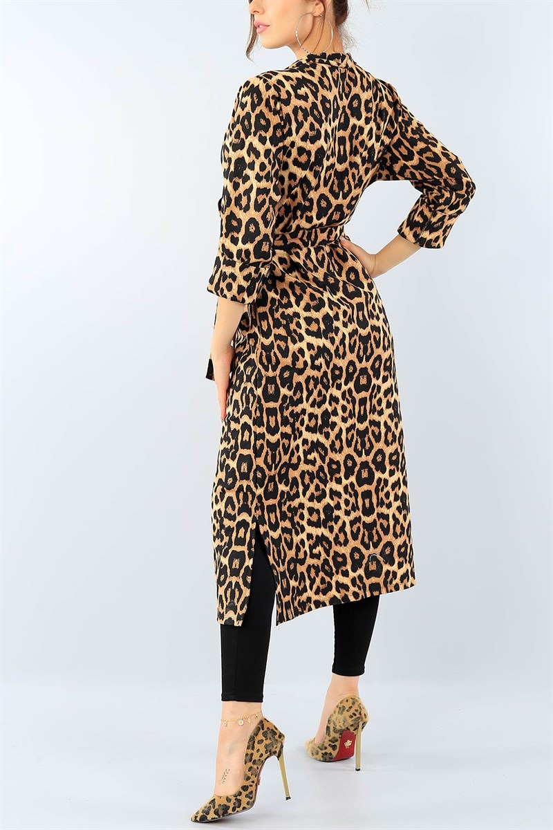 Kemerli Leopar Desen Bayan Ceket 38513