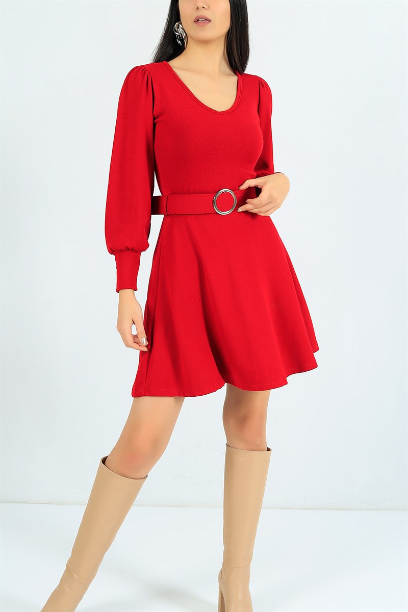 Kemerli Likralı Kırmızı Triko Elbise 24697B