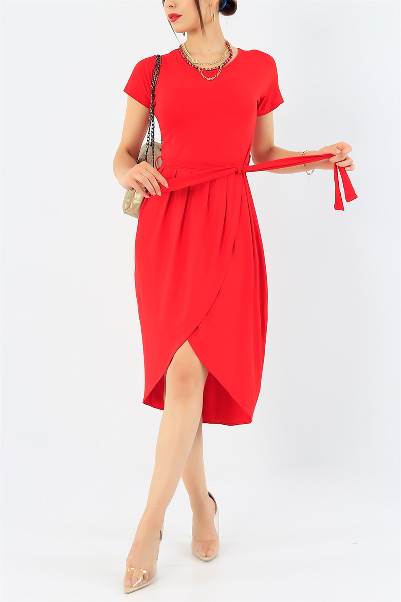 Kemerli Pileli Kırmızı Elbise 36766