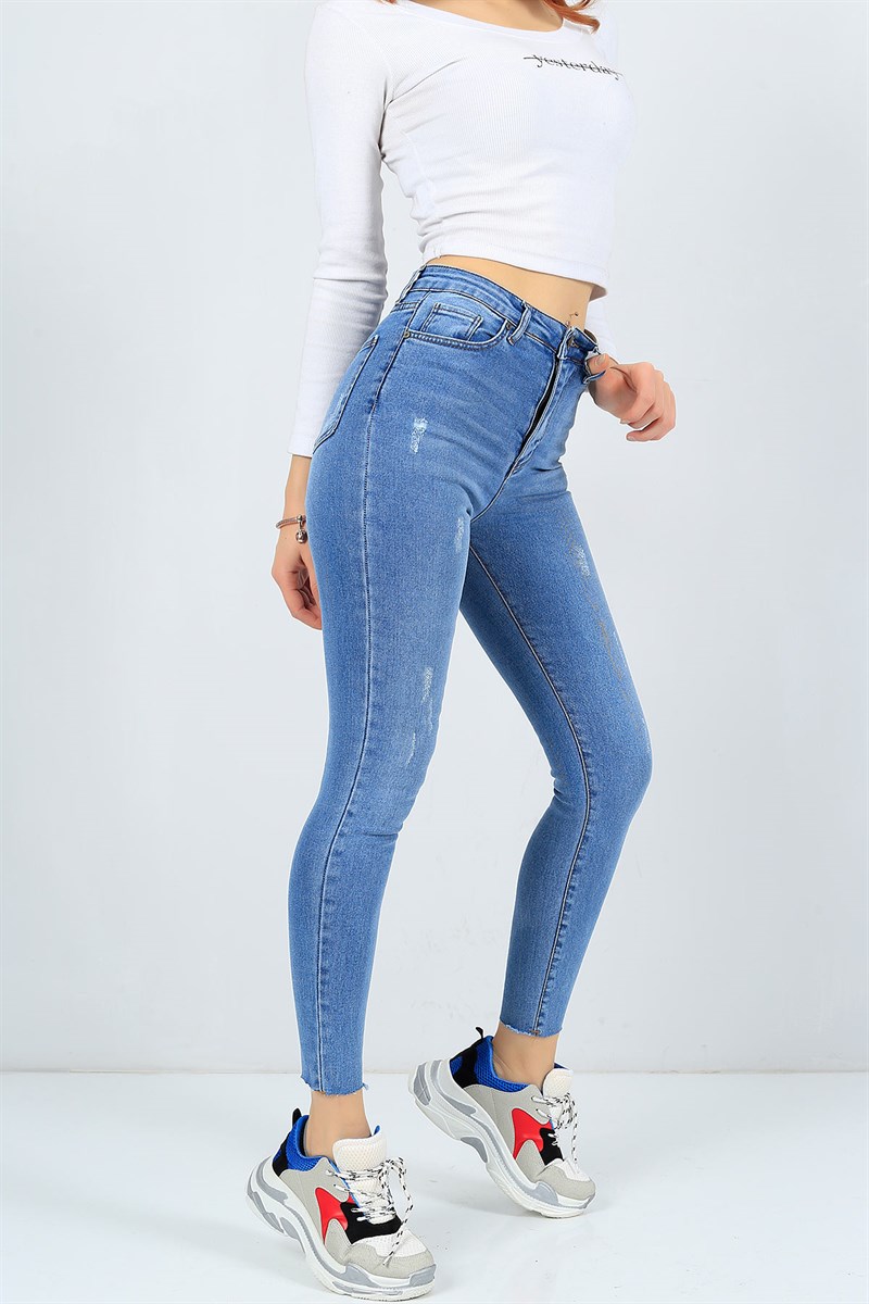 Kesik Paça Mavi Likralı Kot Pantolon 23828B