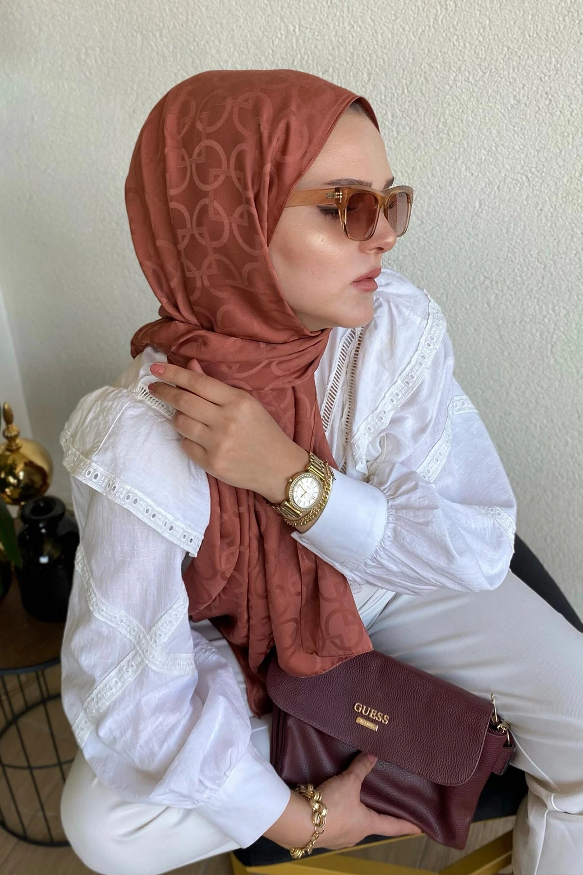 Kiremit 180x70 Jakar İpeksi Karo Desen Şal 270898