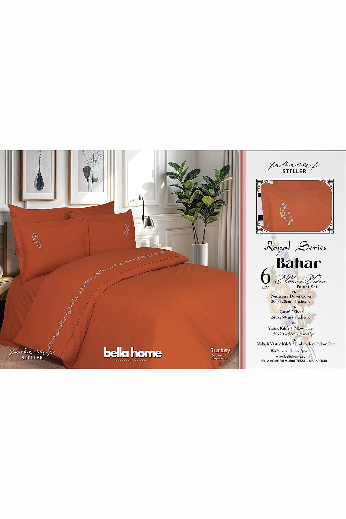 Kiremit 200x220 Cm Bella Home Bahar Çift Kişilik 6 Parça Nakışlı Nevresim Takımı 474568