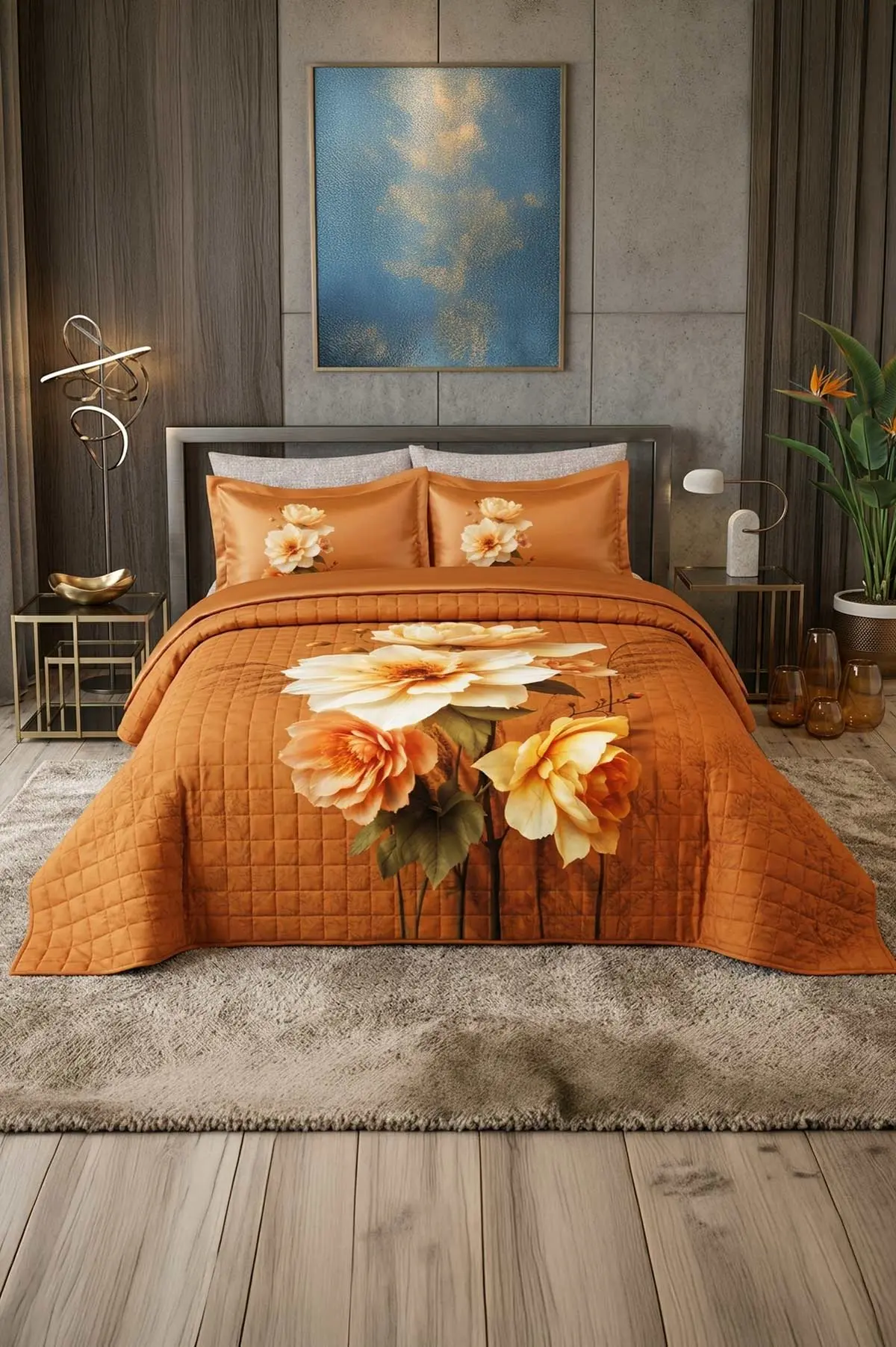 Kiremit 200x220 Cm Kapitoneli Çift Kişilik Yatak Örtüsü Takımı 465524