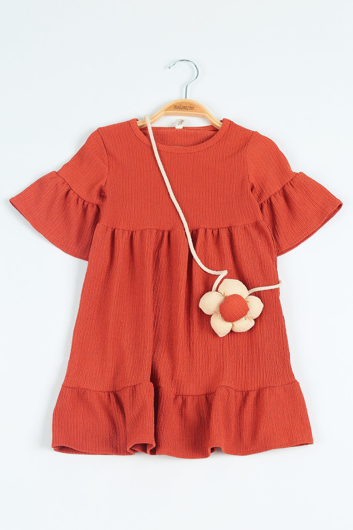 Kiremit (3-10 Yaş) Okyanus Kumaş Papatya Sahte Çantalı Kız Çocuk Elbise 115871