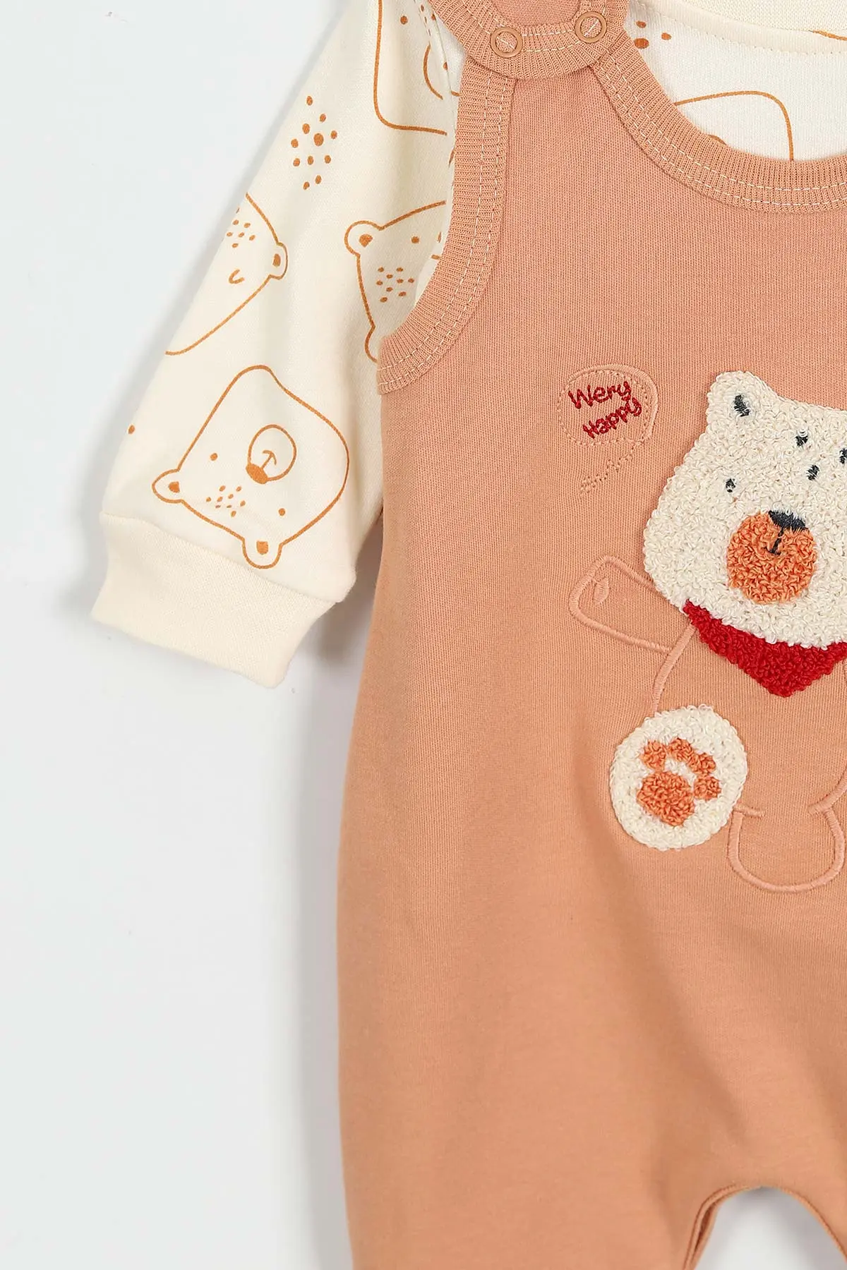 Kiremit (3-12 Ay)Fularlı Ayı Nakışlı Erkek Bebek Salopet Takım 424717