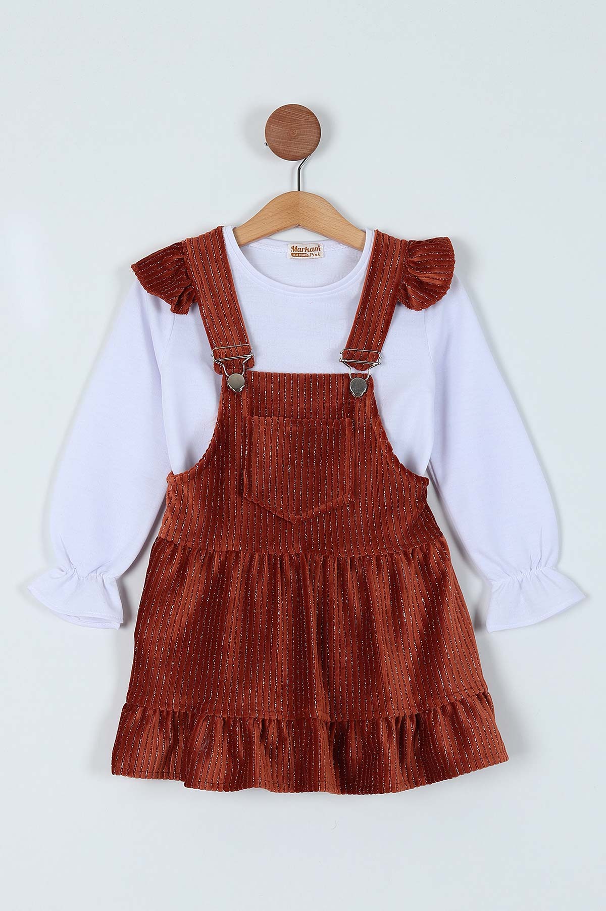 Kiremit (3-7 Yaş) Simli Kadife Uzun Kol Badili Kız Çocuk Salopet 214782