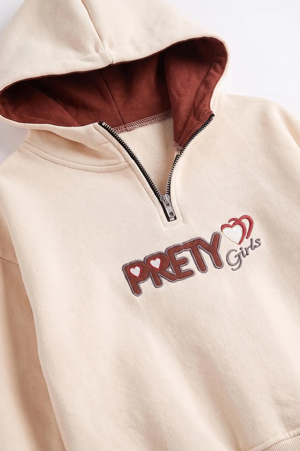 Kiremit (5-12 Yaş)Kapüşonlu Yarım Fermuarlı Prety Nakışlı 3 İp Şardonlu Kız Çocuk Takım 486316