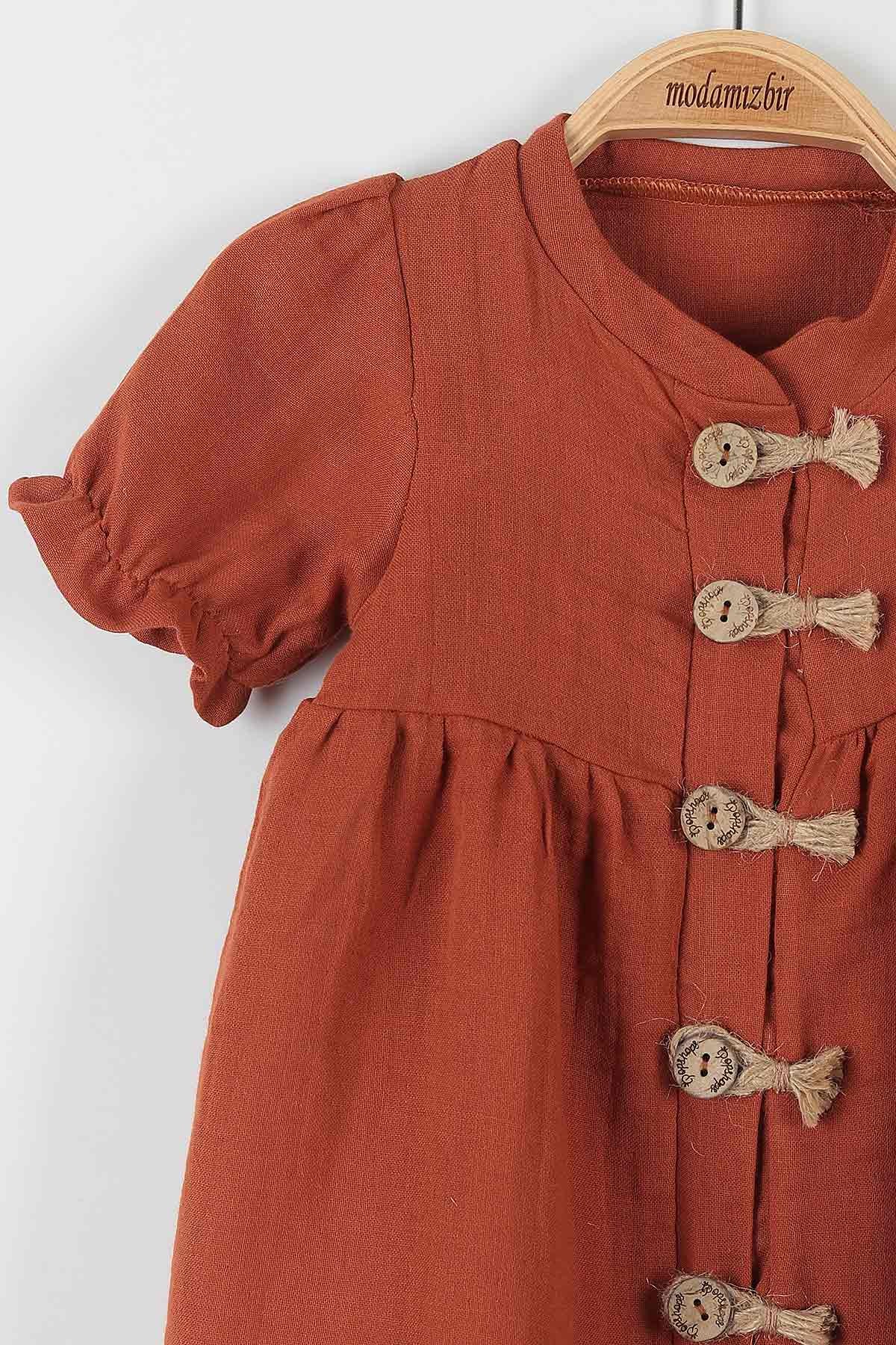 Kiremit (6-18 Ay) Düğme Detaylı Kol Lastikli Kız Bebe Elbise 175879