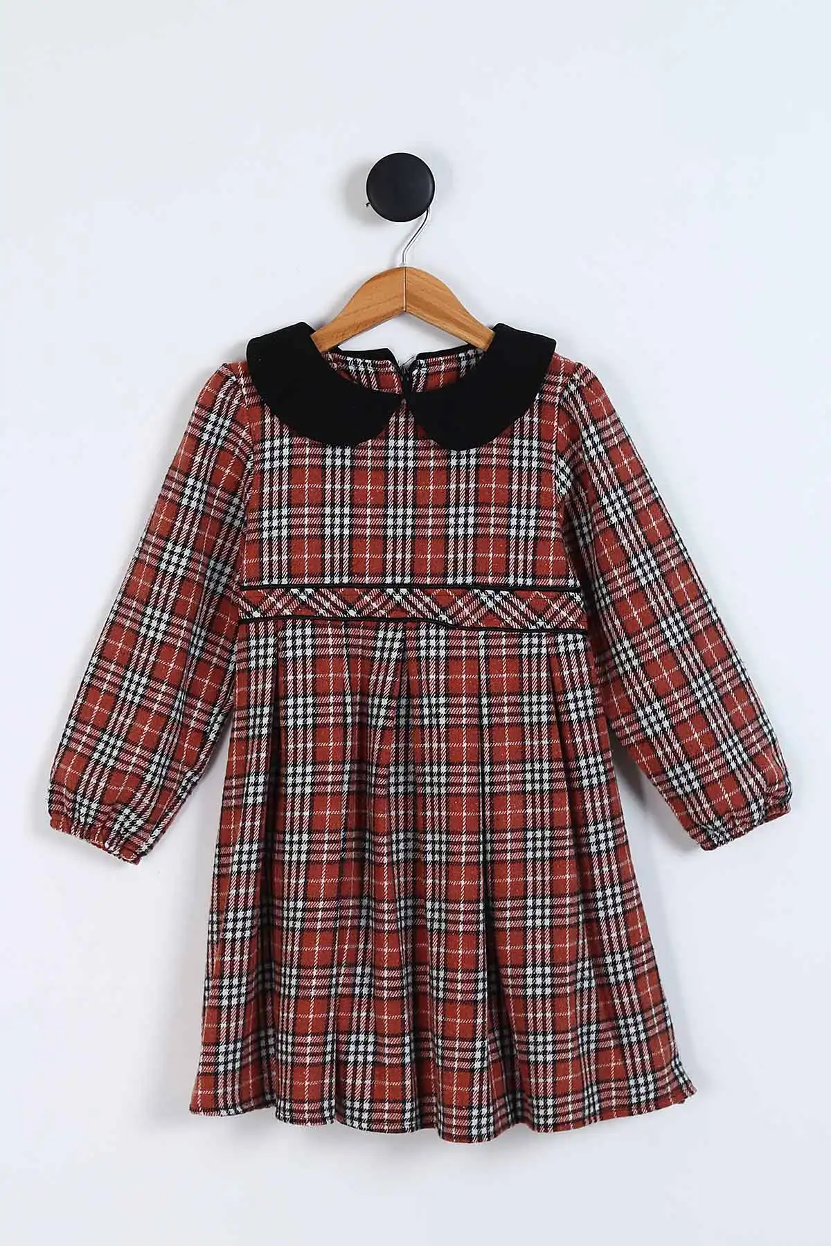 Kiremit (7-10 Yaş)Bebe Yaka Ekoseli Kız Çocuk Elbise 338058