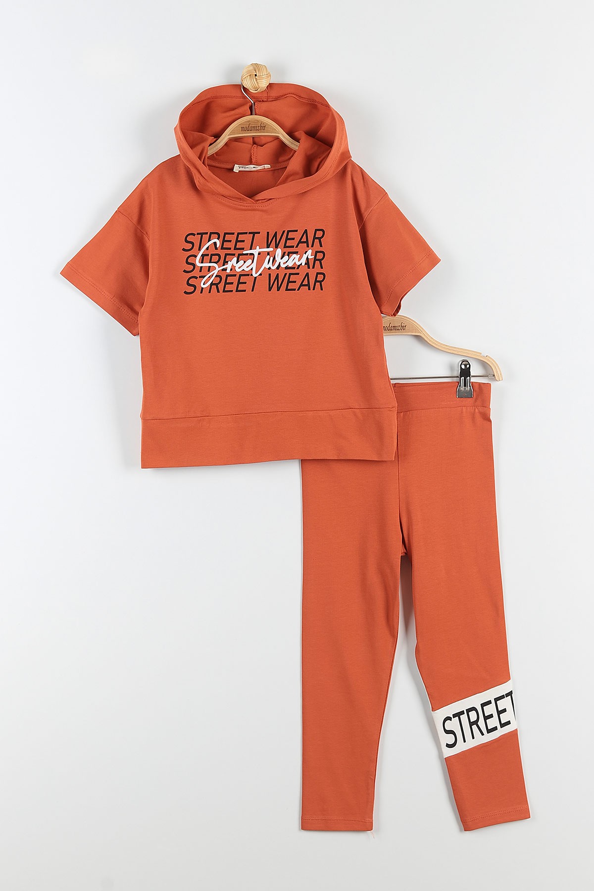 Kiremit (9-12 Yaş) Street Wear Baskılı Kapüşon Detaylı Kız Çocuk Takım 176953