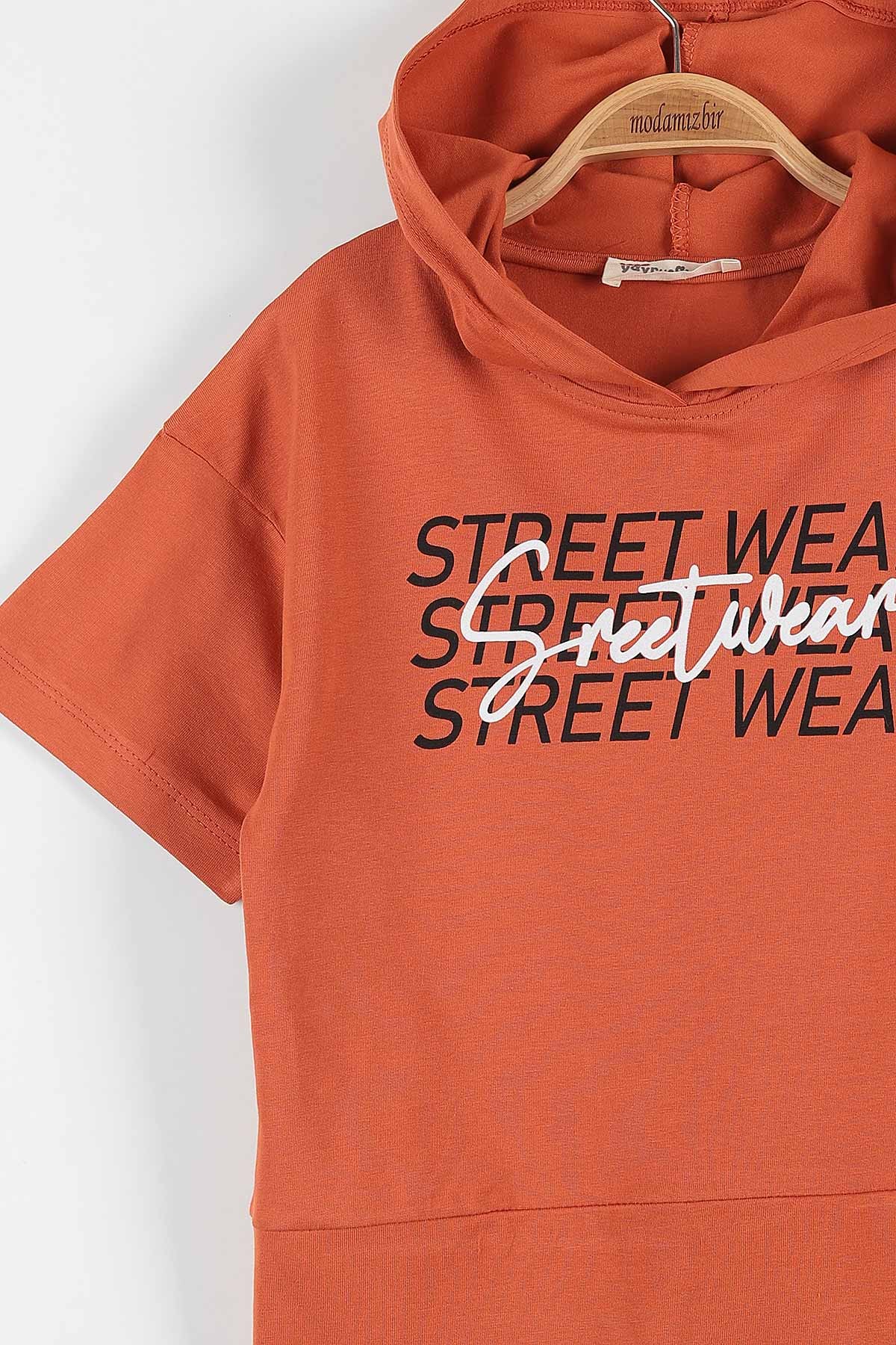Kiremit (9-12 Yaş) Street Wear Baskılı Kapüşon Detaylı Kız Çocuk Takım 176953