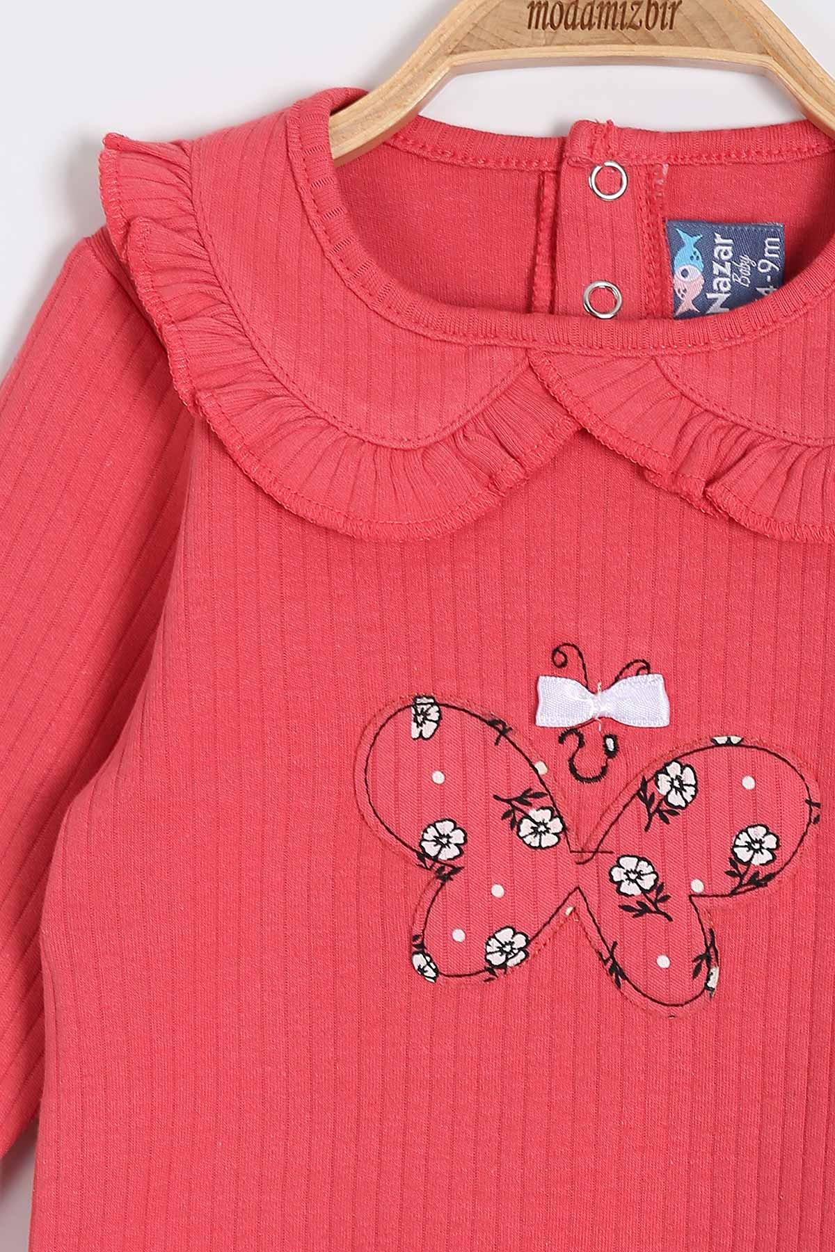 Kiremit (9-24 Ay) Kelebek Nakışlı Yaka Detaylı Kız Bebe Takım 200392