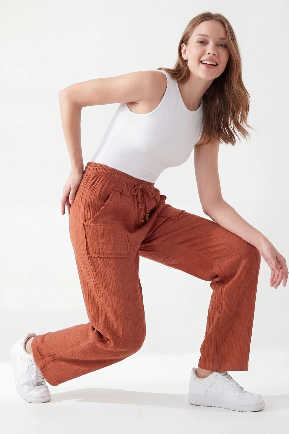 Kiremit Beli Lastikli Müslin Keten Kadın Pantolon 451554