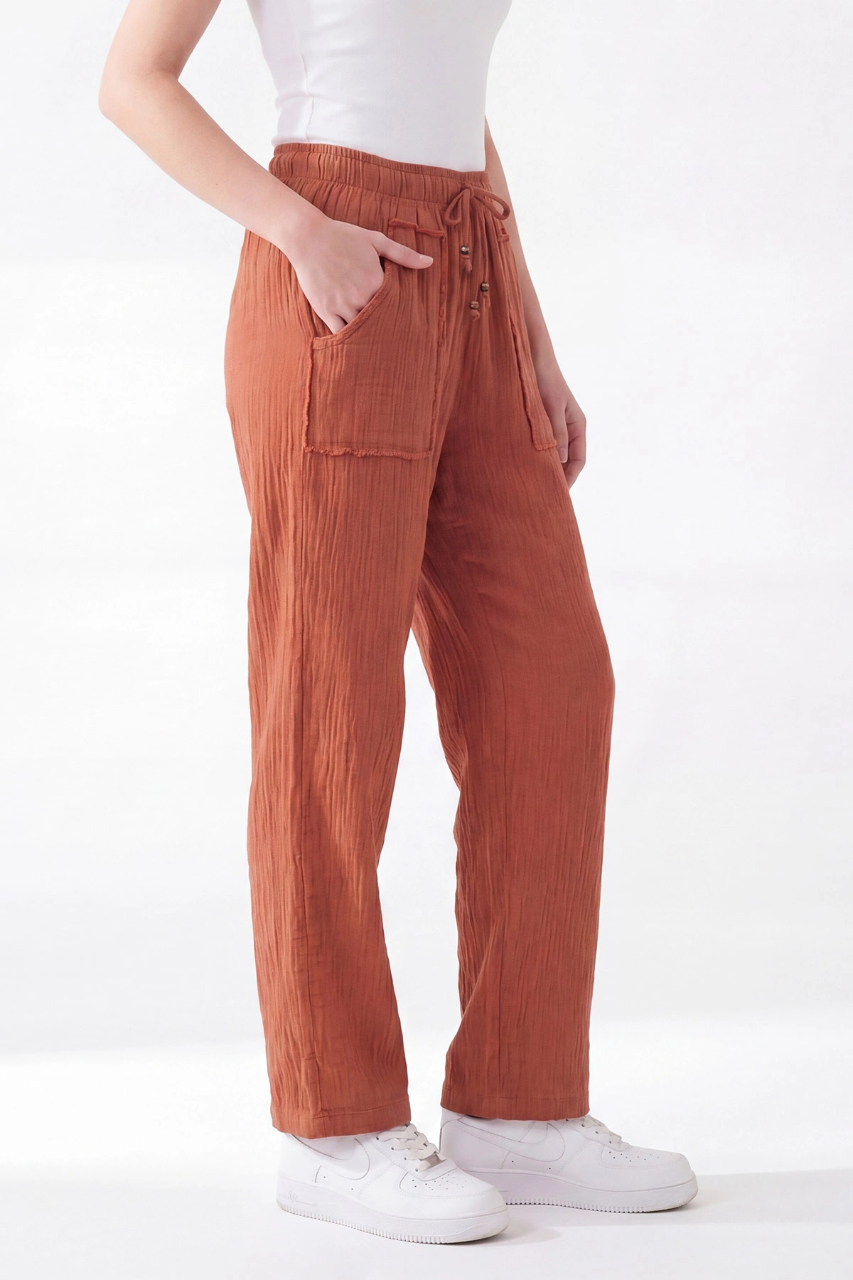 Kiremit Beli Lastikli Müslin Keten Kadın Pantolon 451554
