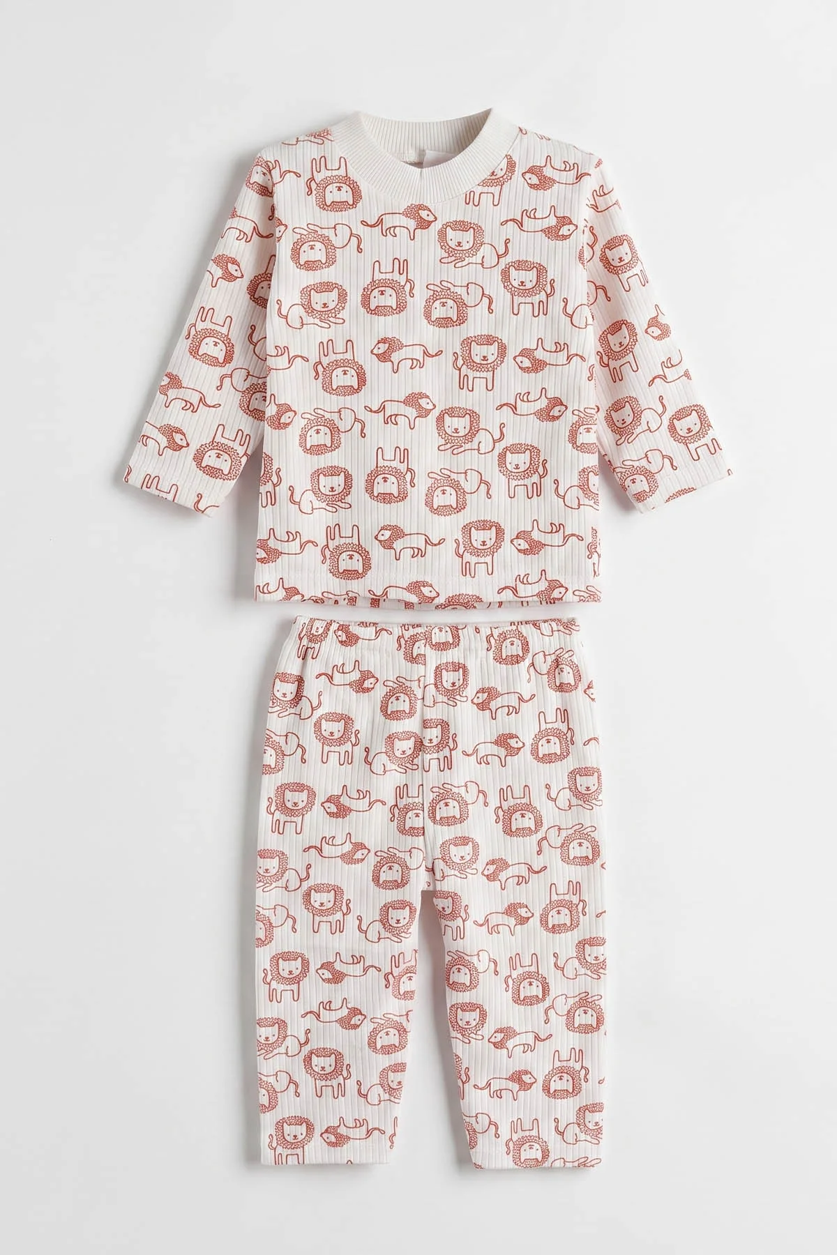 Kiremit Beyaz  (1-3 Yaş) Aslan Desenli Raporlu Çocuk Pijama Takım 477332
