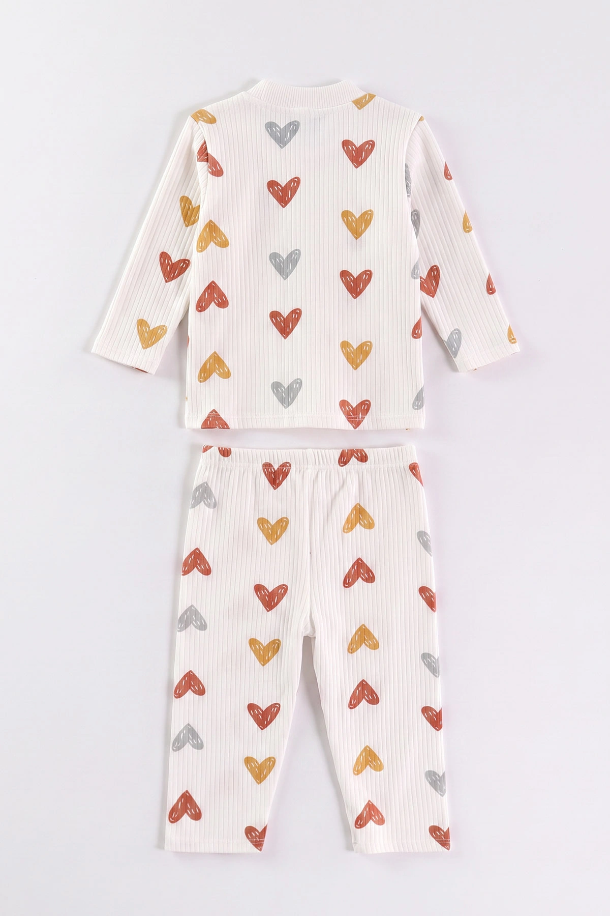 Kiremit Beyaz (1-3 Yaş) Kalp Desenli Raporlu Kız  Çocuk Pijama Takım 477275