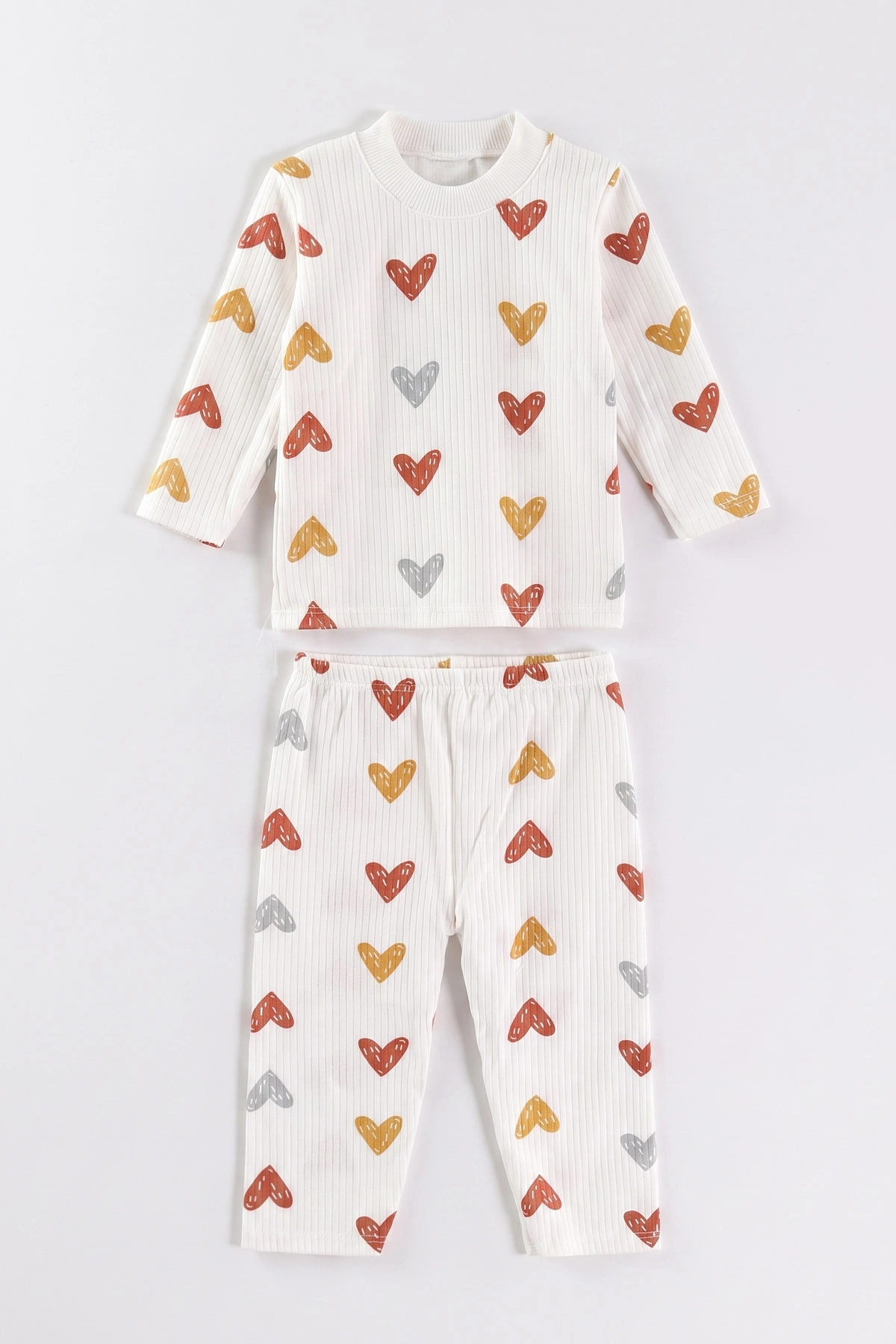 Kiremit Beyaz (1-3 Yaş) Kalp Desenli Raporlu Kız  Çocuk Pijama Takım 477275