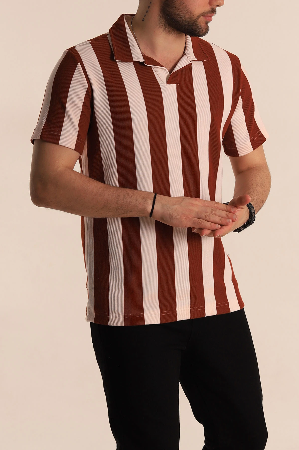 Kiremit Beyaz Regular Fit Çizgili Polo Yaka Erkek Tişört 268620