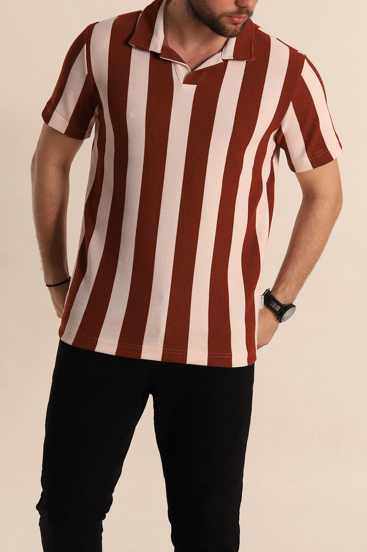 Kiremit Beyaz Regular Fit Çizgili Polo Yaka Erkek Tişört 268620