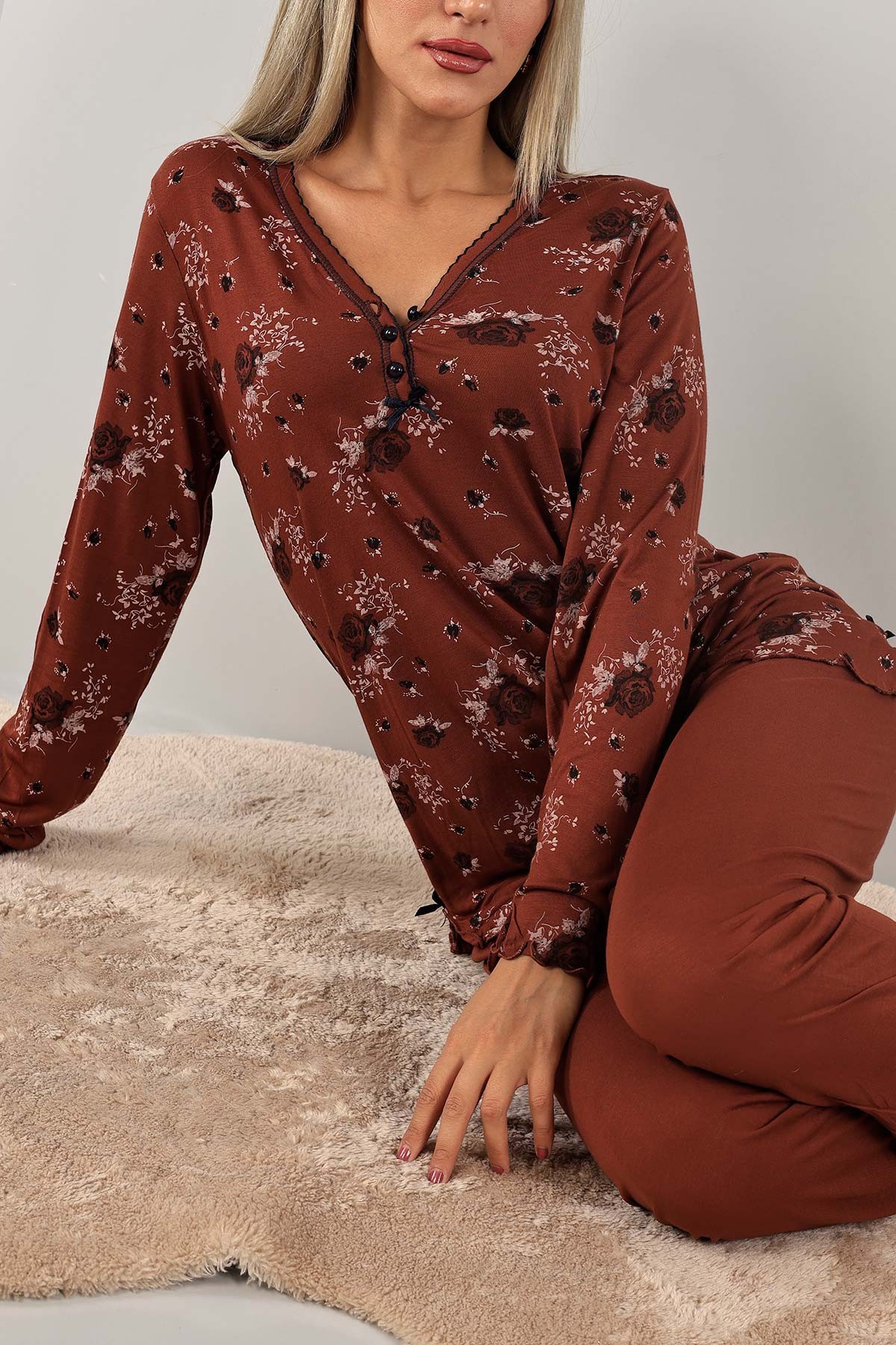 Kiremit Düğmeli Nakışlı Bayan Pijama Takımı 132259