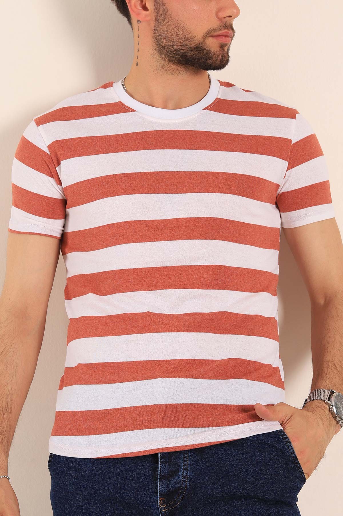 Kiremit Geniş Çizgili Regular Fit Erkek Tişört 189820