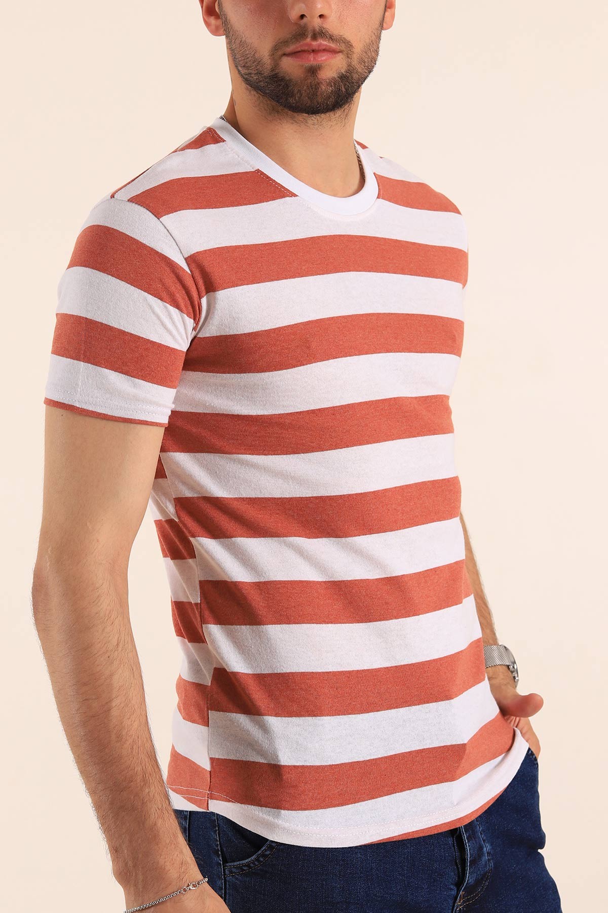 Kiremit Geniş Çizgili Regular Fit Erkek Tişört 189820