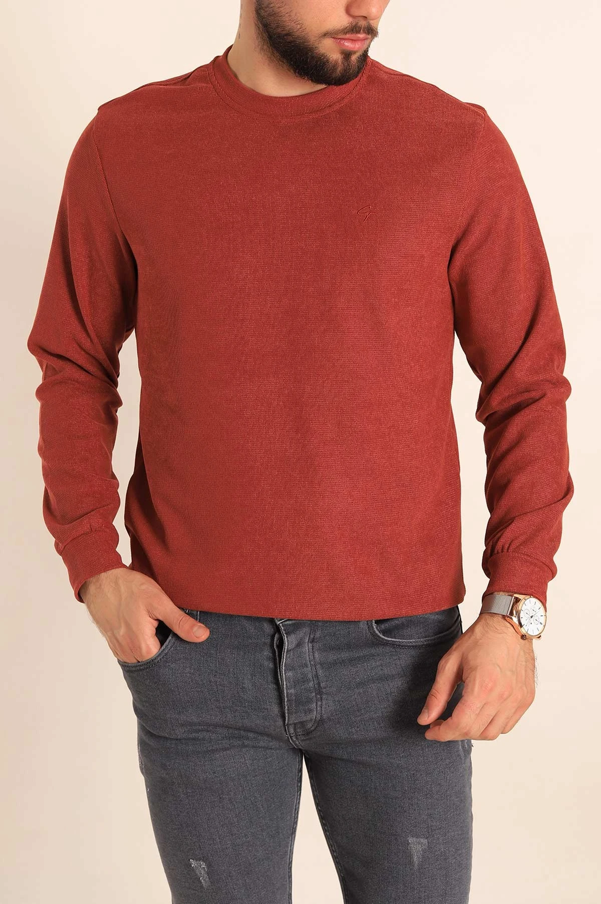 Kiremit Jakarlı Bisiklet Yaka Erkek Sweatshirt 236814
