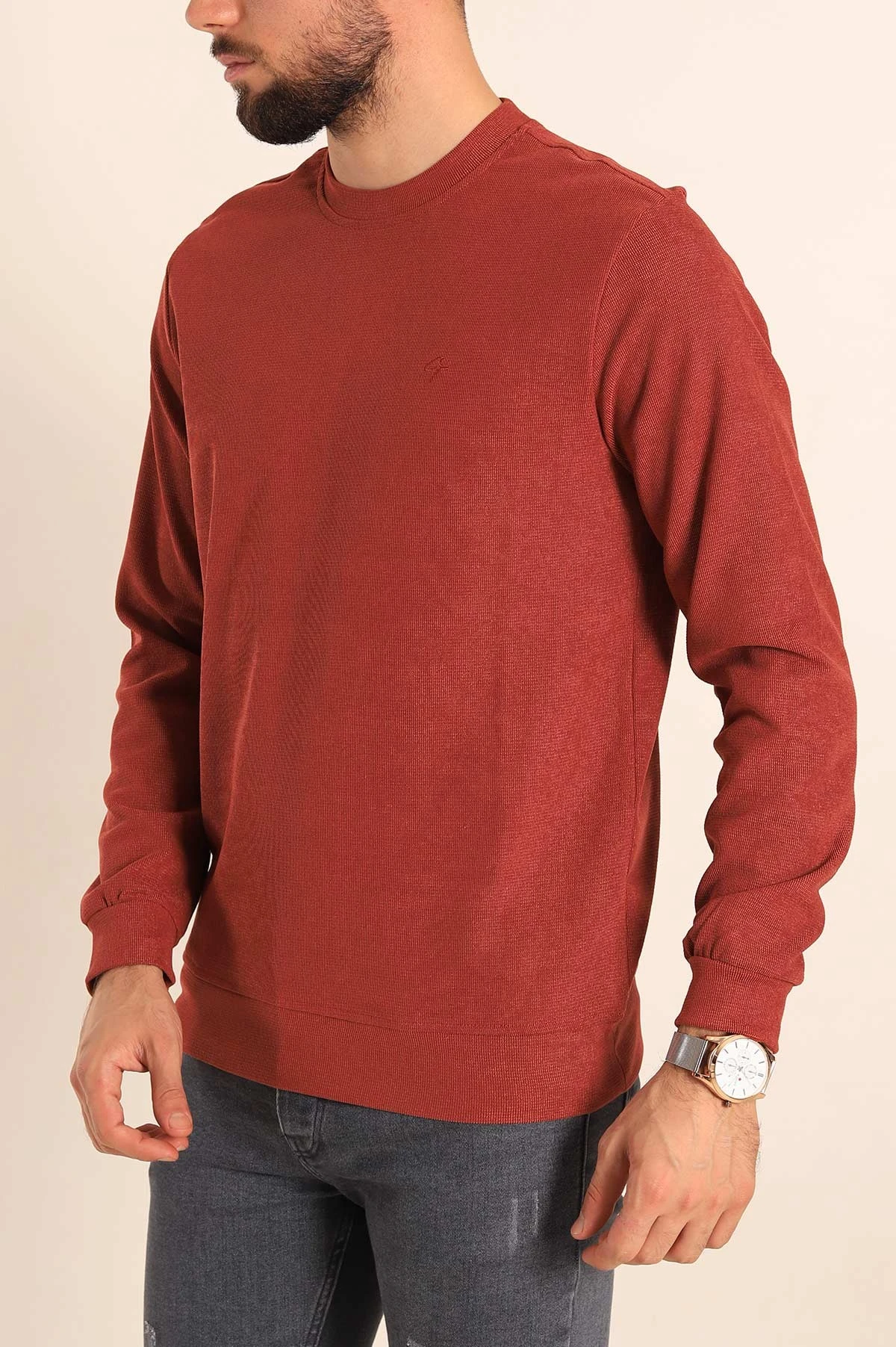 Kiremit Jakarlı Bisiklet Yaka Erkek Sweatshirt 236814