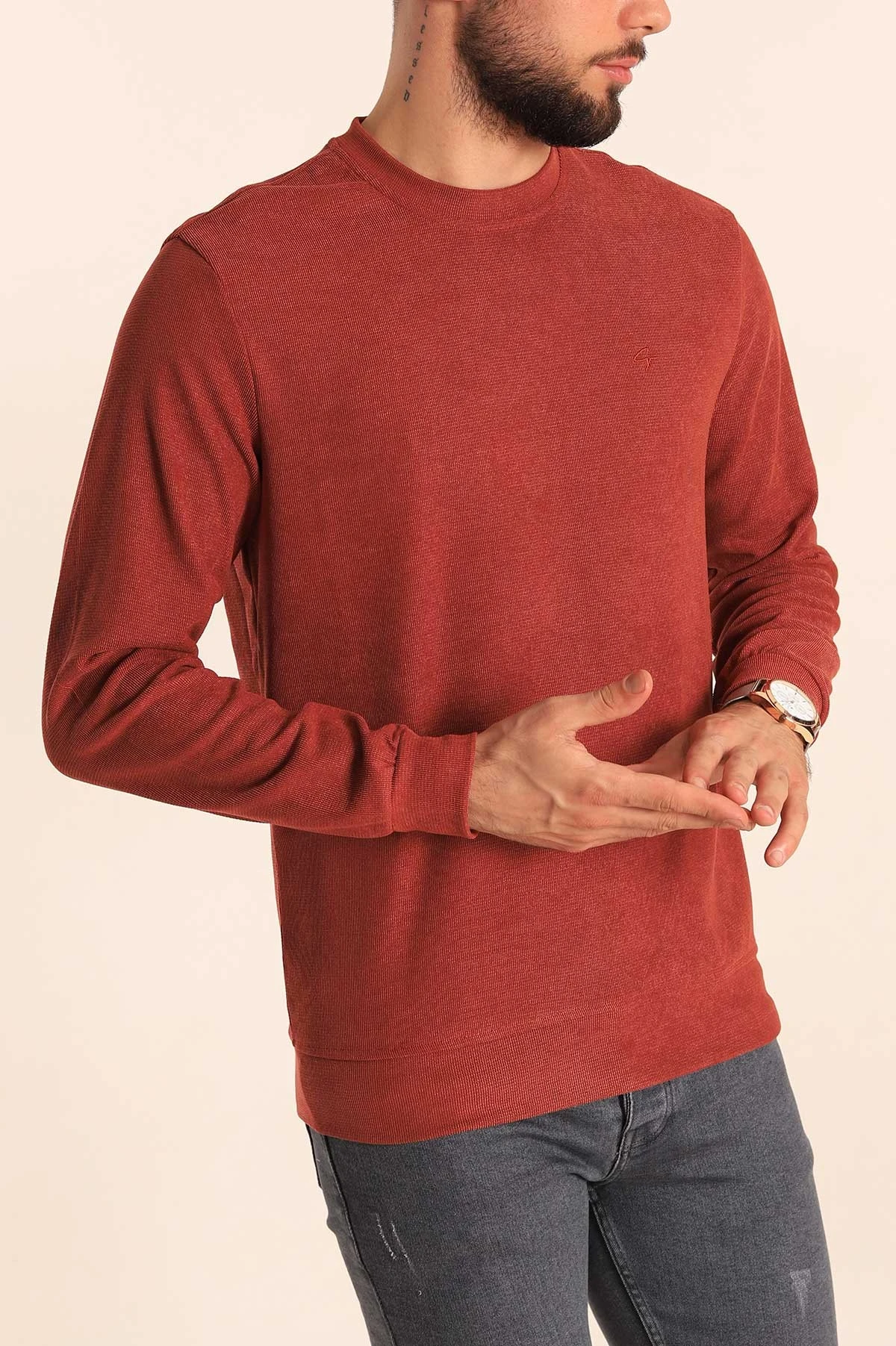 Kiremit Jakarlı Bisiklet Yaka Erkek Sweatshirt 236814
