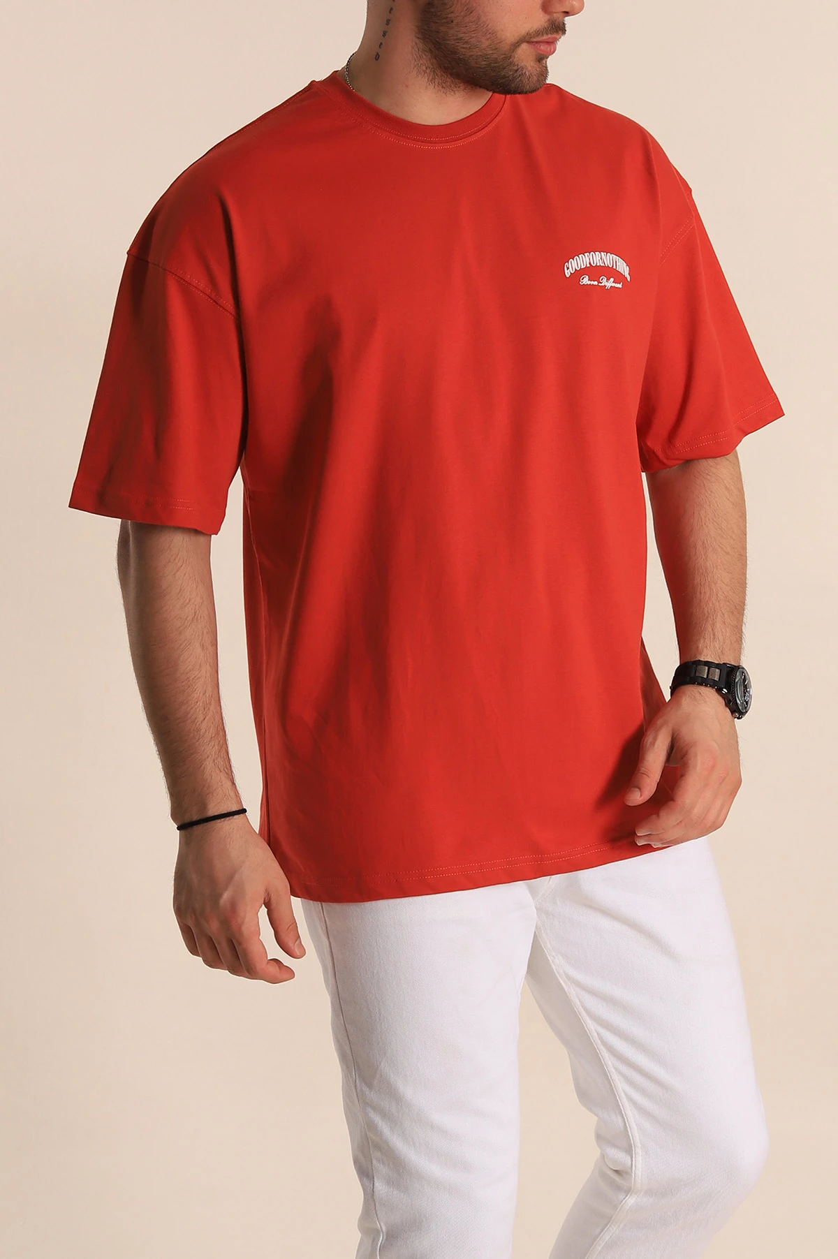 Kiremit Oversize Suprem Kumaş Sırt Baskılı Erkek Tişört 267367