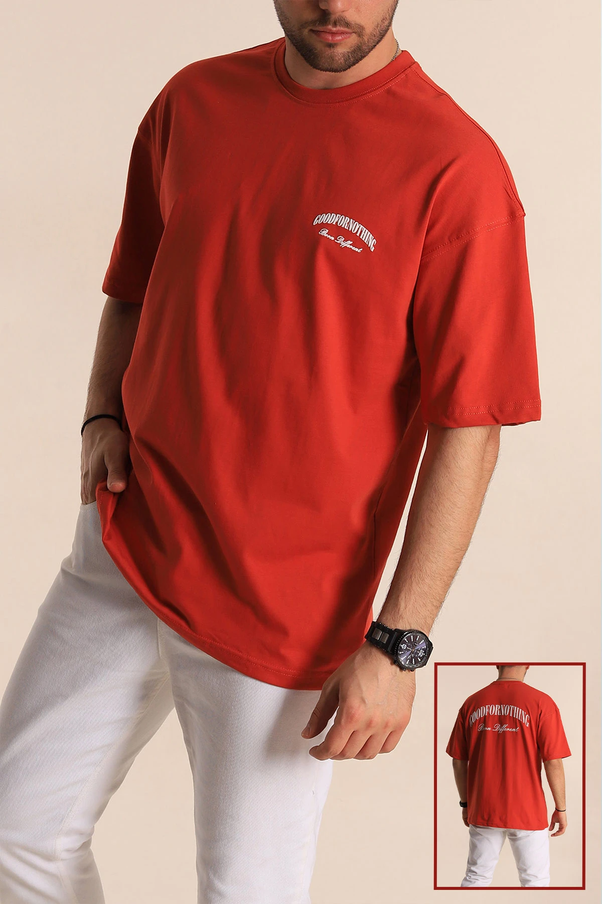 Kiremit Oversize Suprem Kumaş Sırt Baskılı Erkek Tişört 267367
