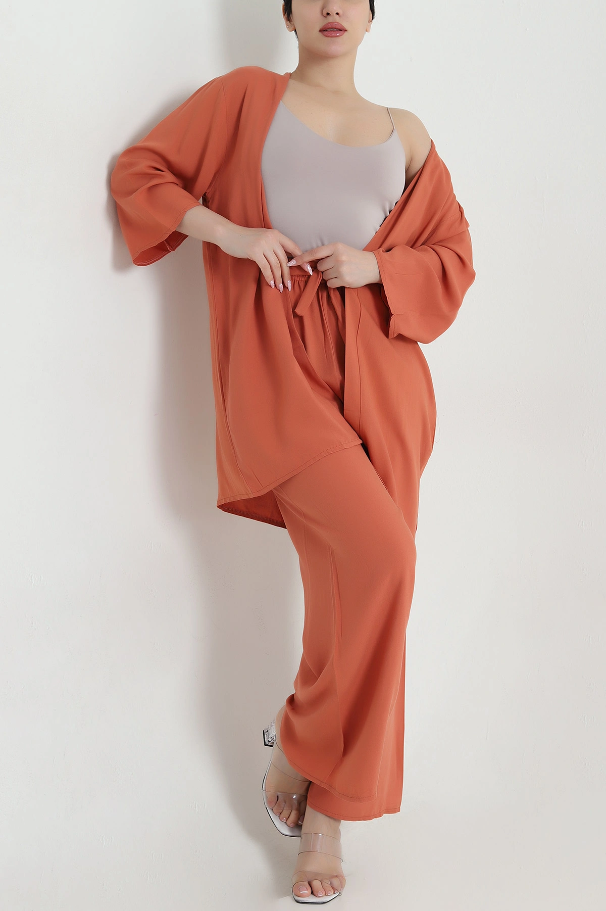 Kiremit Pantolon Kimono Dokuma Kadın İkili Takım 460347