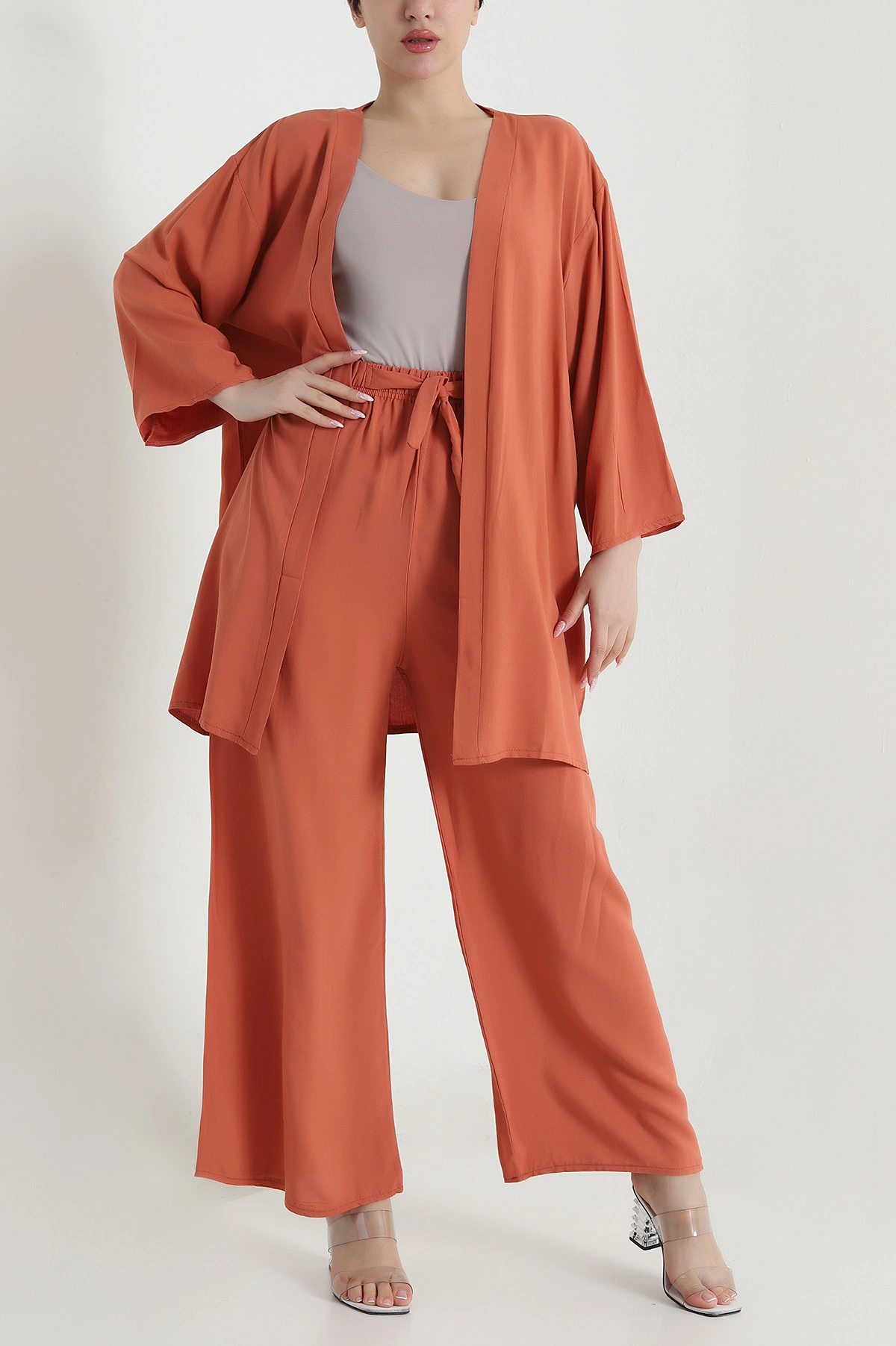Kiremit Pantolon Kimono Dokuma Kadın İkili Takım 460347