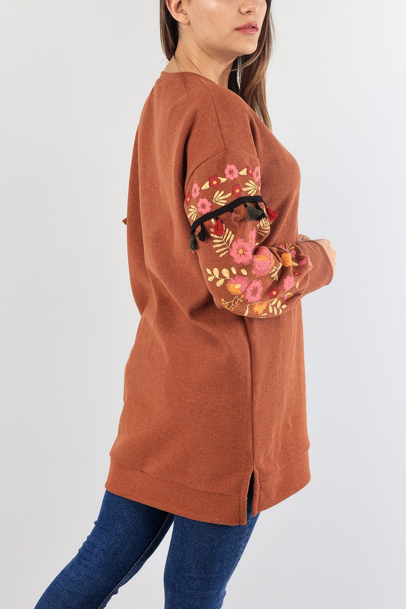 Kiremit Püsküllü Selanik Triko Tunik 88551