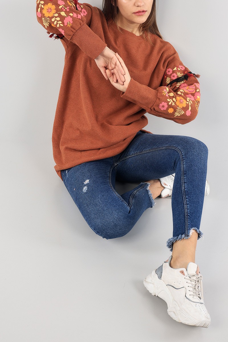 Kiremit Püsküllü Selanik Triko Tunik 88551