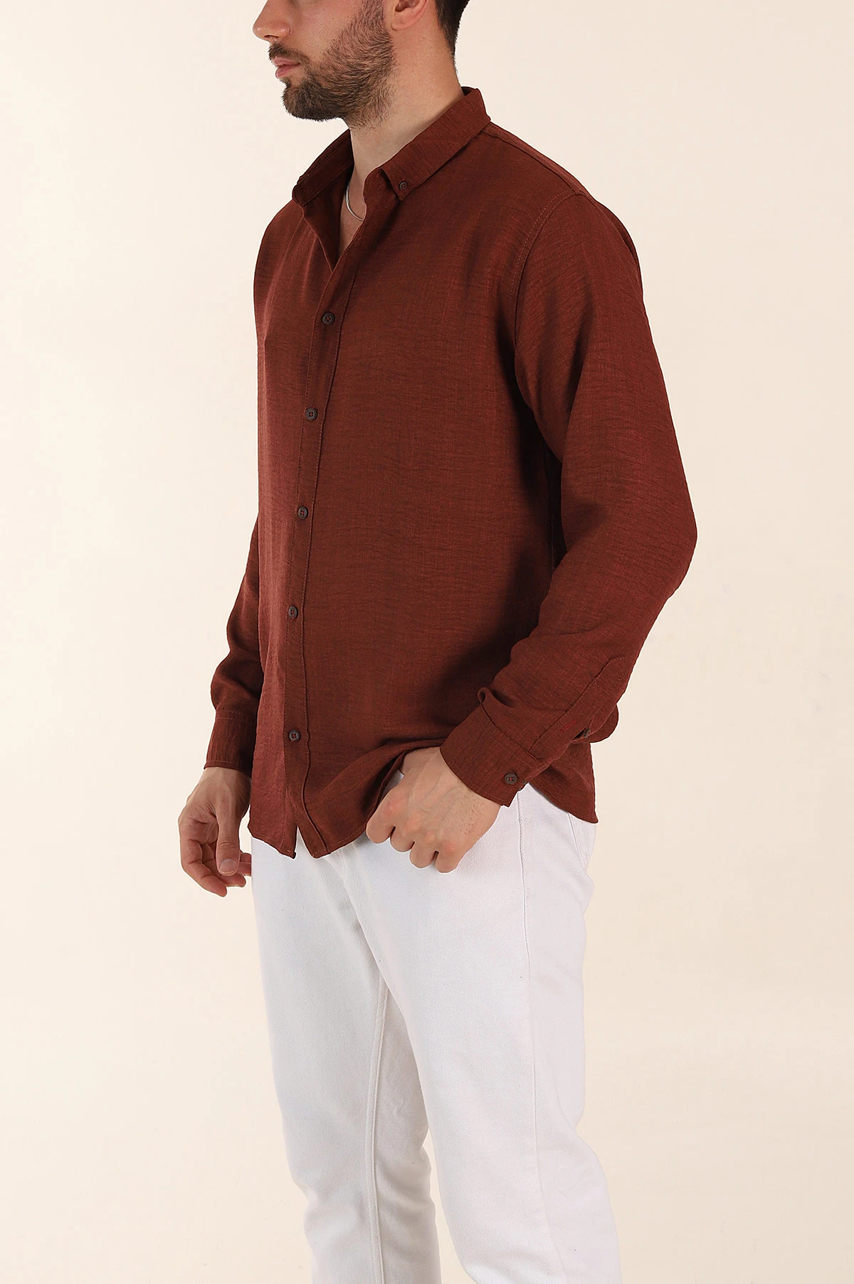 Kiremit Regular Fit Ata Yaka Uzun Kollu Erkek Gömlek 369869
