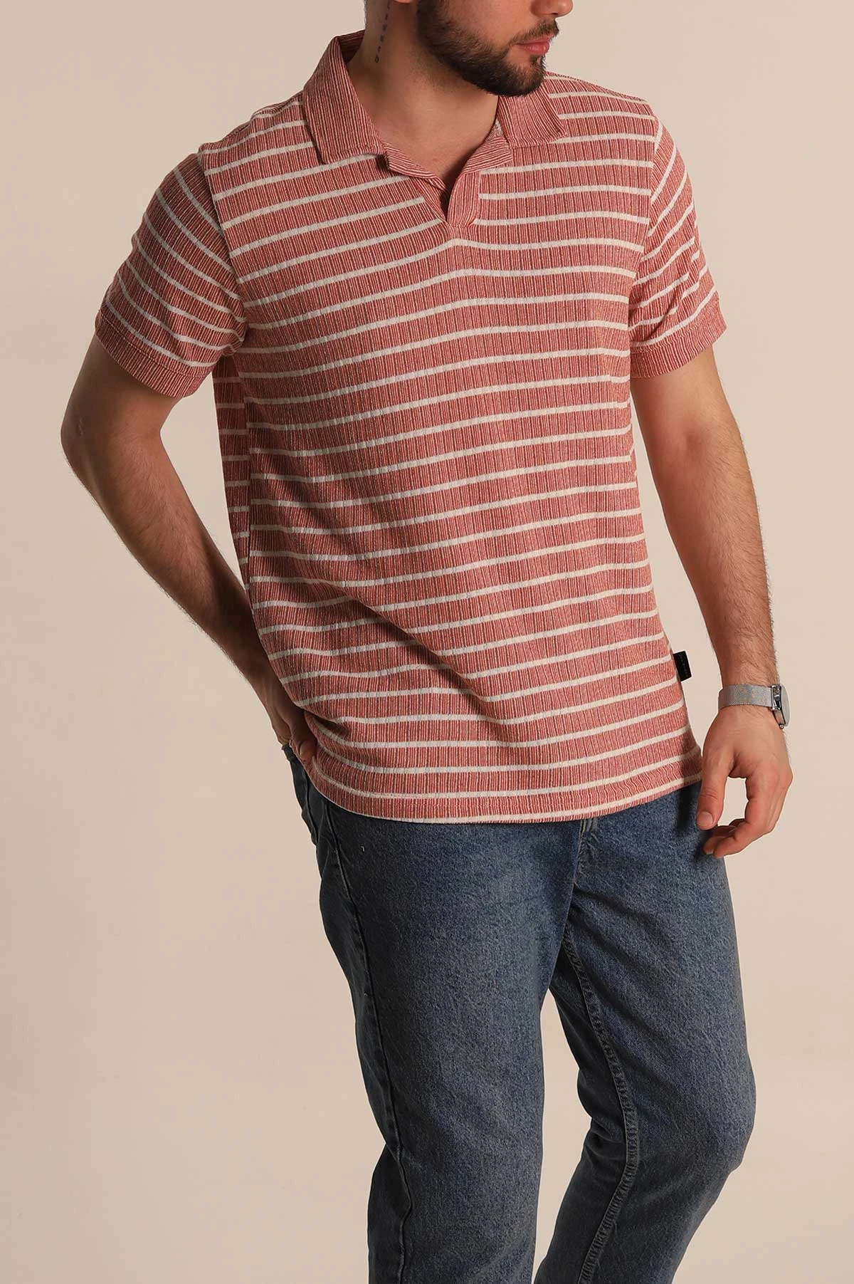 Kiremit Slim Fit Çizgili Polo Yaka Erkek Tişört 276013