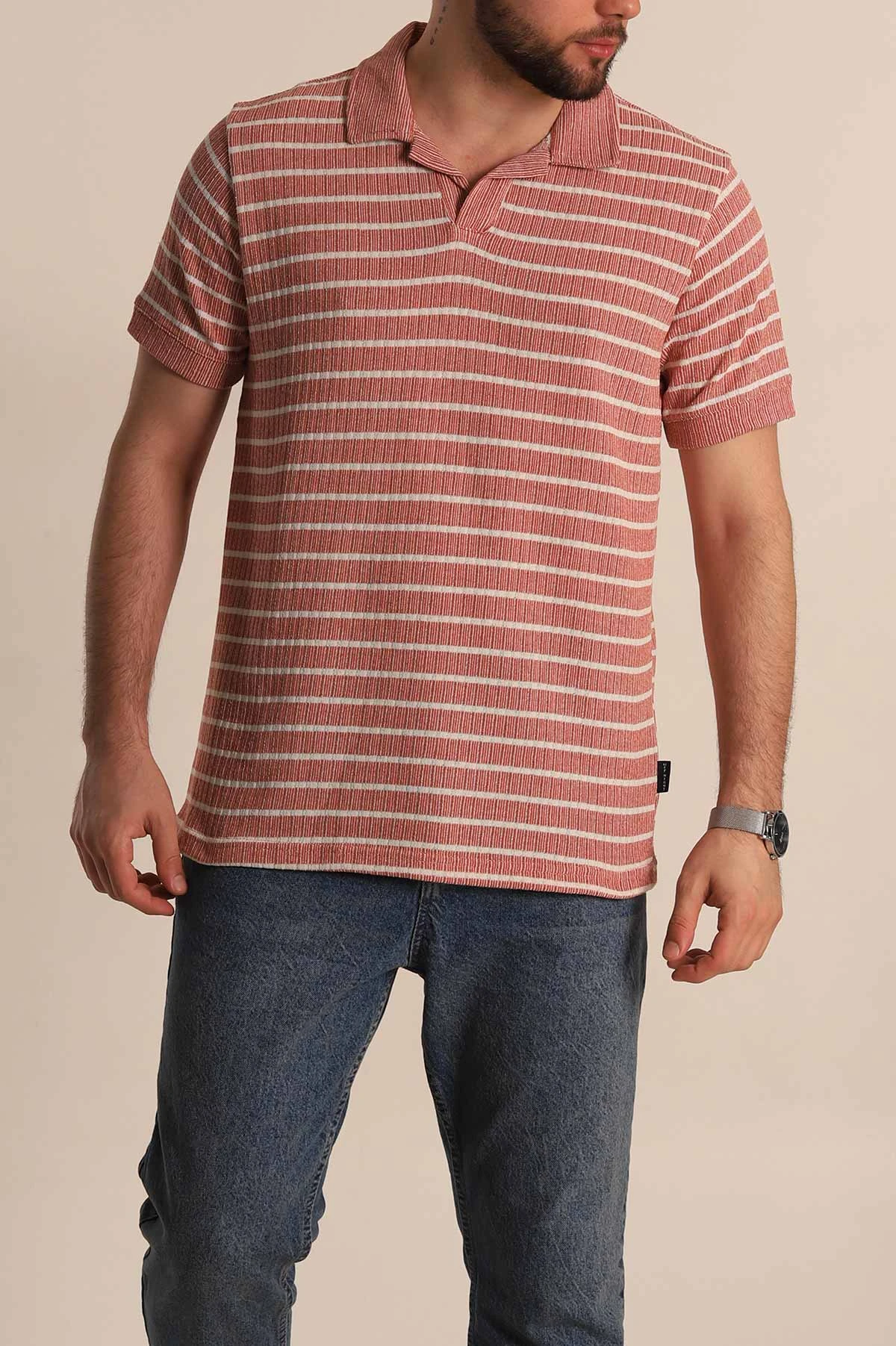 Kiremit Slim Fit Çizgili Polo Yaka Erkek Tişört 276013